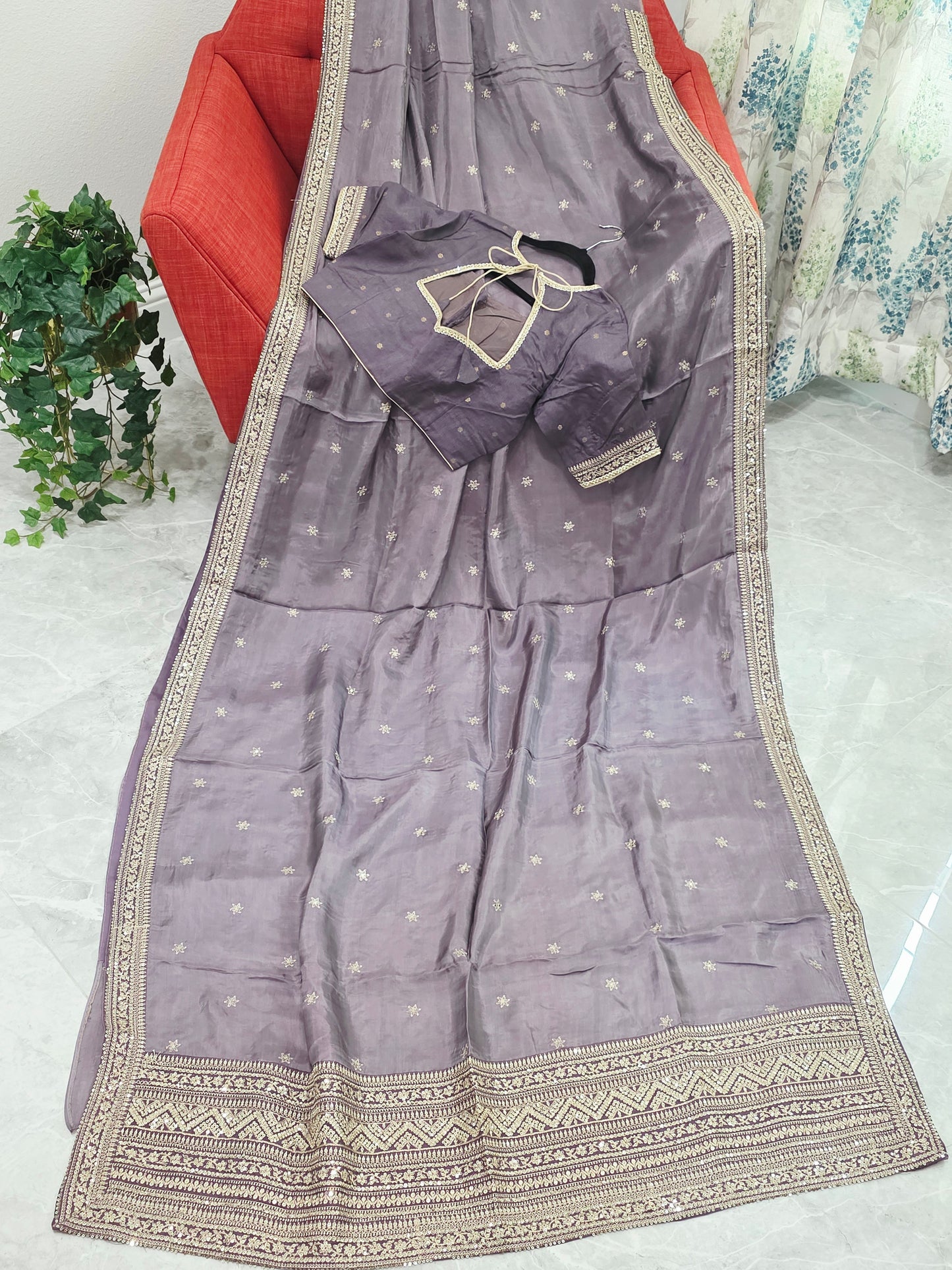 Smoky Taupe Grey Sabyasachi Inspired Viscose Crepe Silk Saree with Designer Blouse