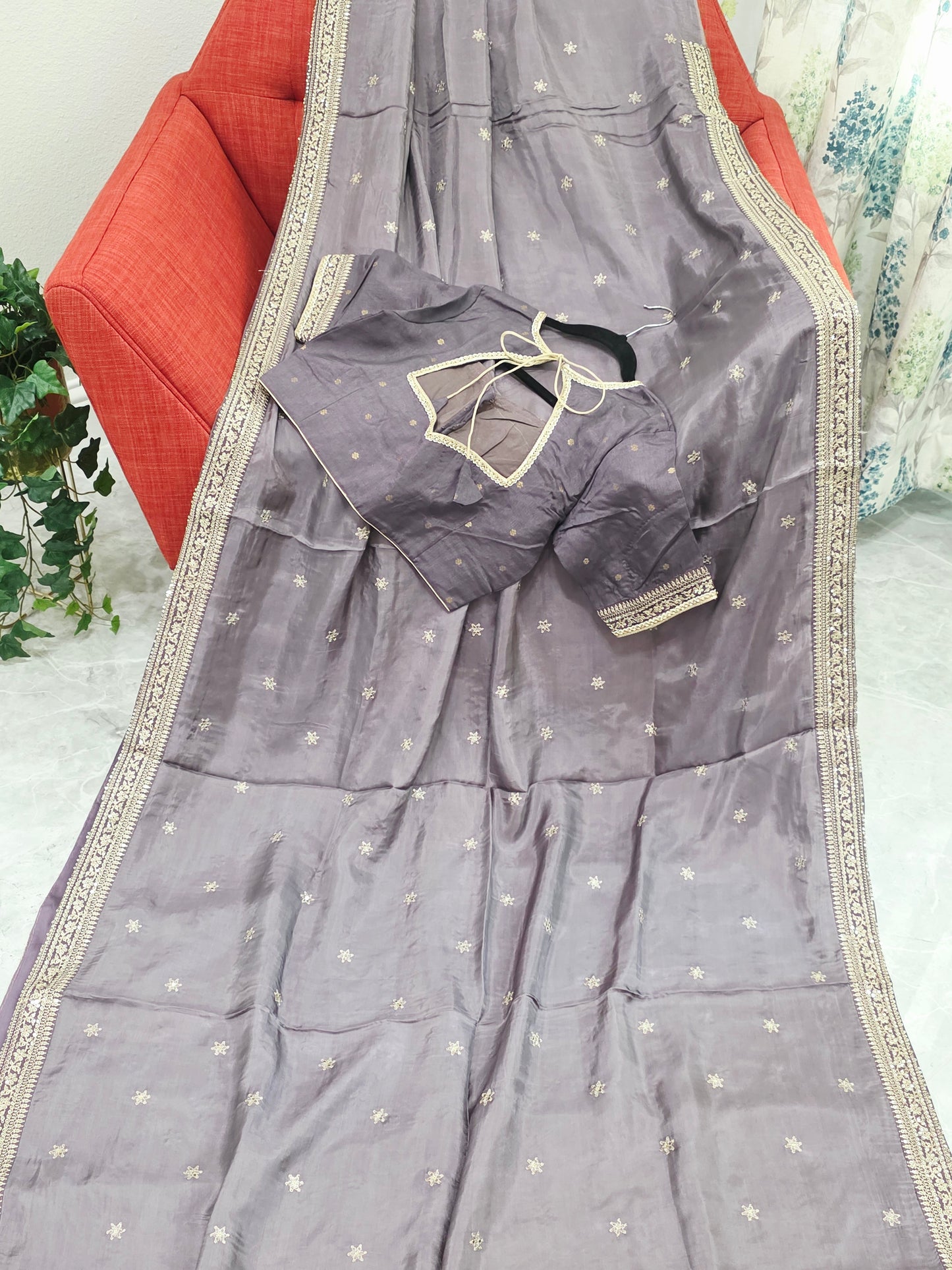 Smoky Taupe Grey Sabyasachi Inspired Viscose Crepe Silk Saree with Designer Blouse