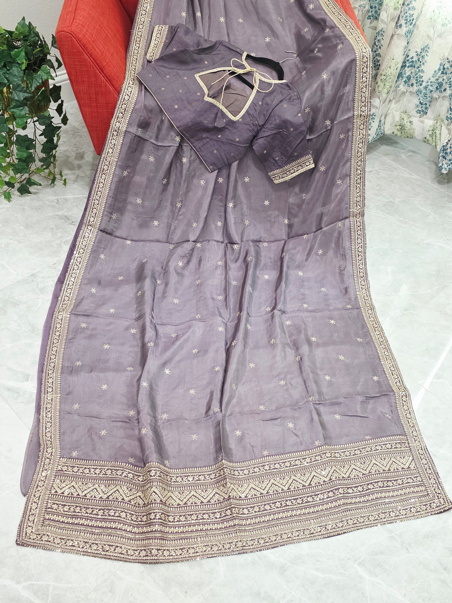 Smoky Taupe Grey Sabyasachi Inspired Viscose Crepe Silk Saree with Designer Blouse