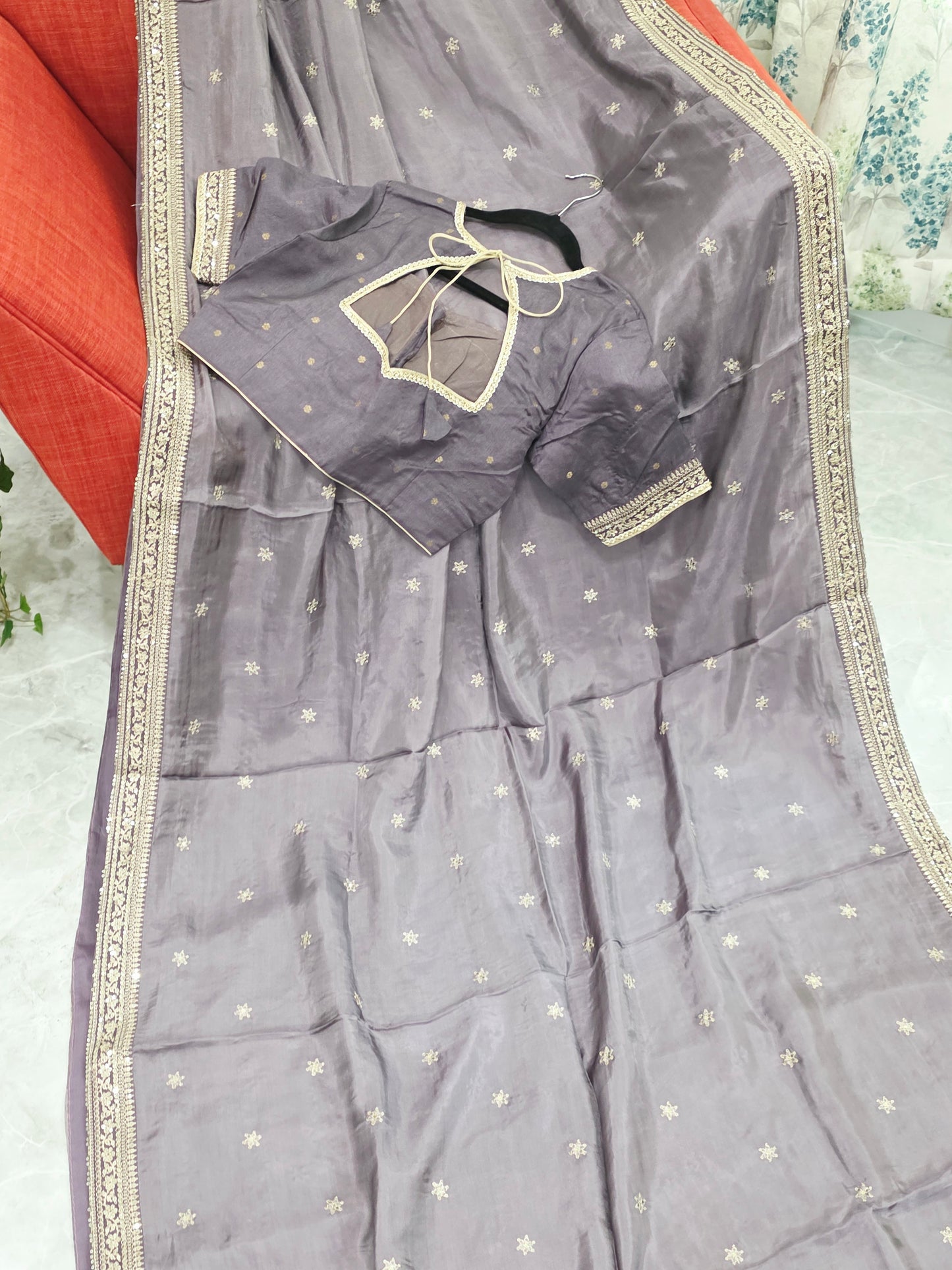 Smoky Taupe Grey Sabyasachi Inspired Viscose Crepe Silk Saree with Designer Blouse