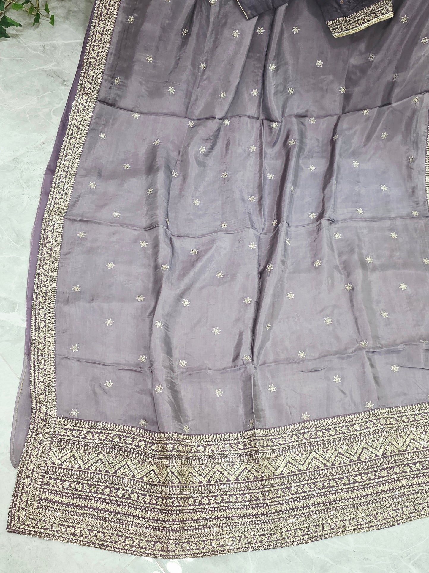 Smoky Taupe Grey Sabyasachi Inspired Viscose Crepe Silk Saree with Designer Blouse