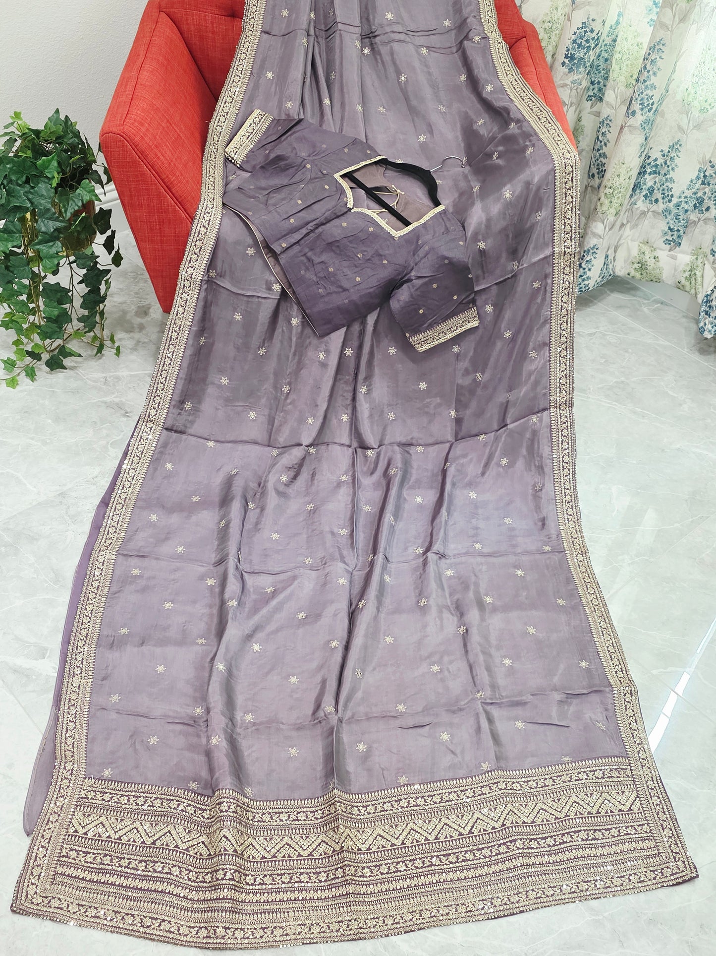 Smoky Taupe Grey Sabyasachi Inspired Viscose Crepe Silk Saree with Designer Blouse