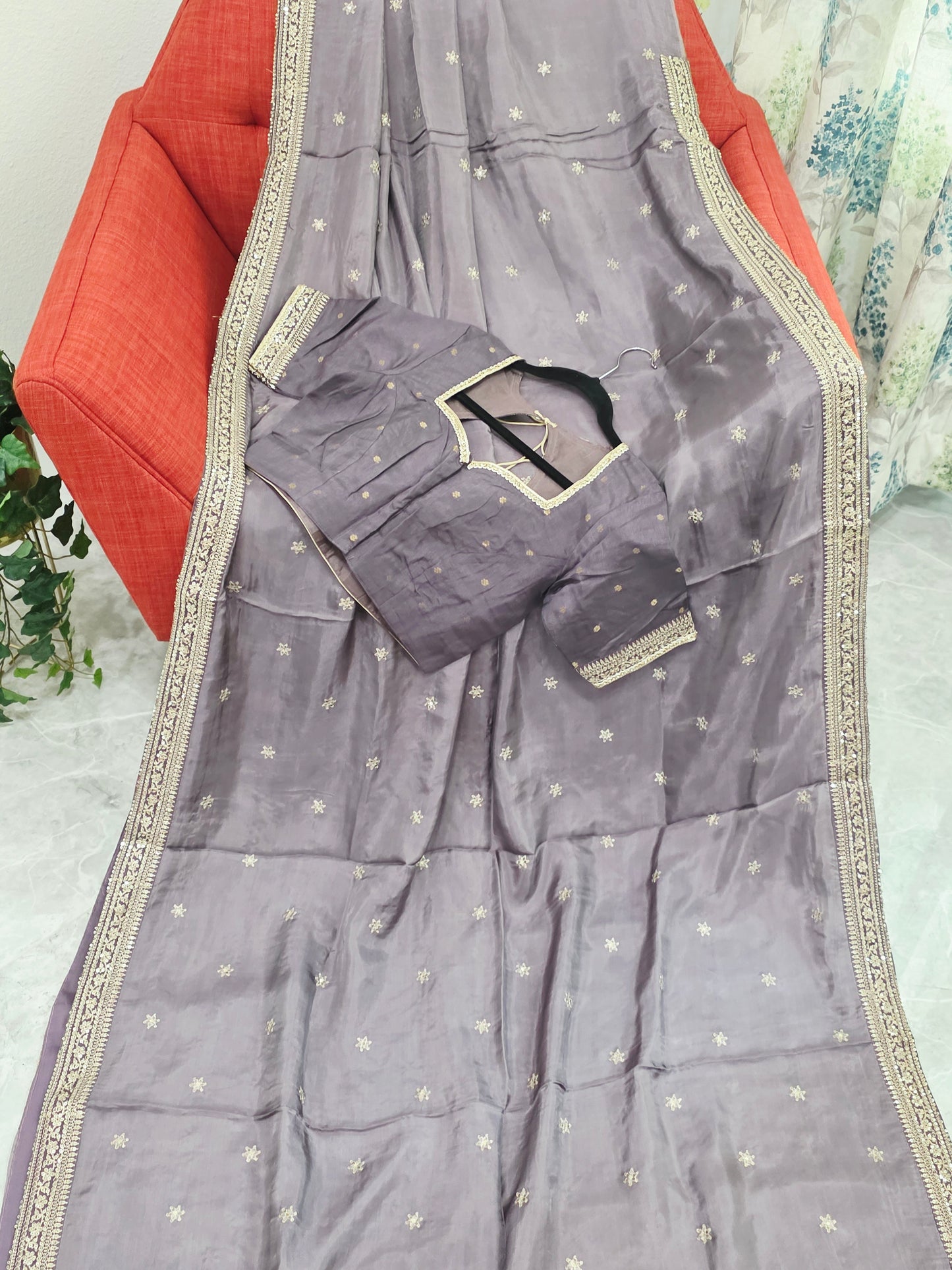 Smoky Taupe Grey Sabyasachi Inspired Viscose Crepe Silk Saree with Designer Blouse