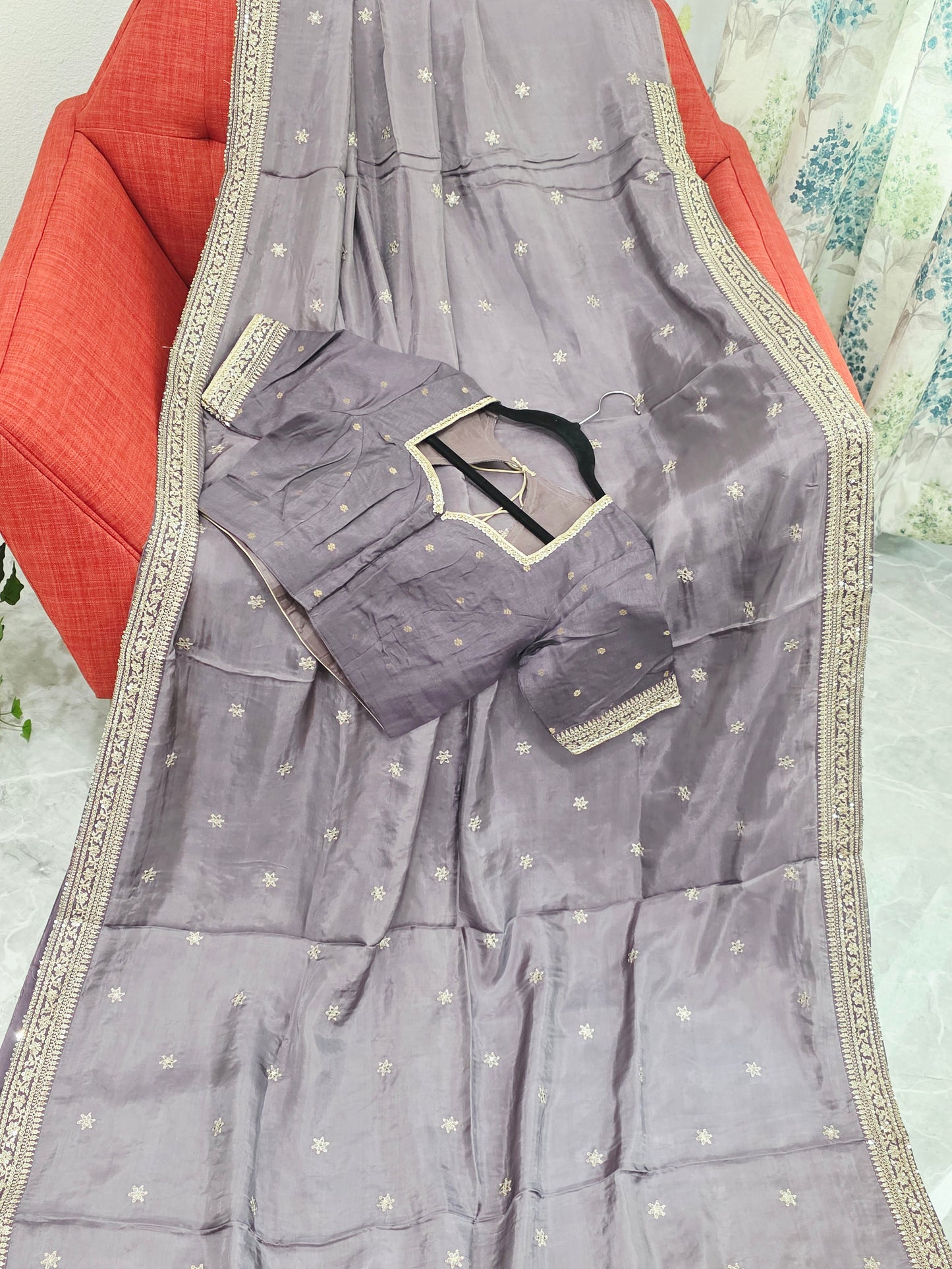 Smoky Taupe Grey Sabyasachi Inspired Viscose Crepe Silk Saree with Designer Blouse