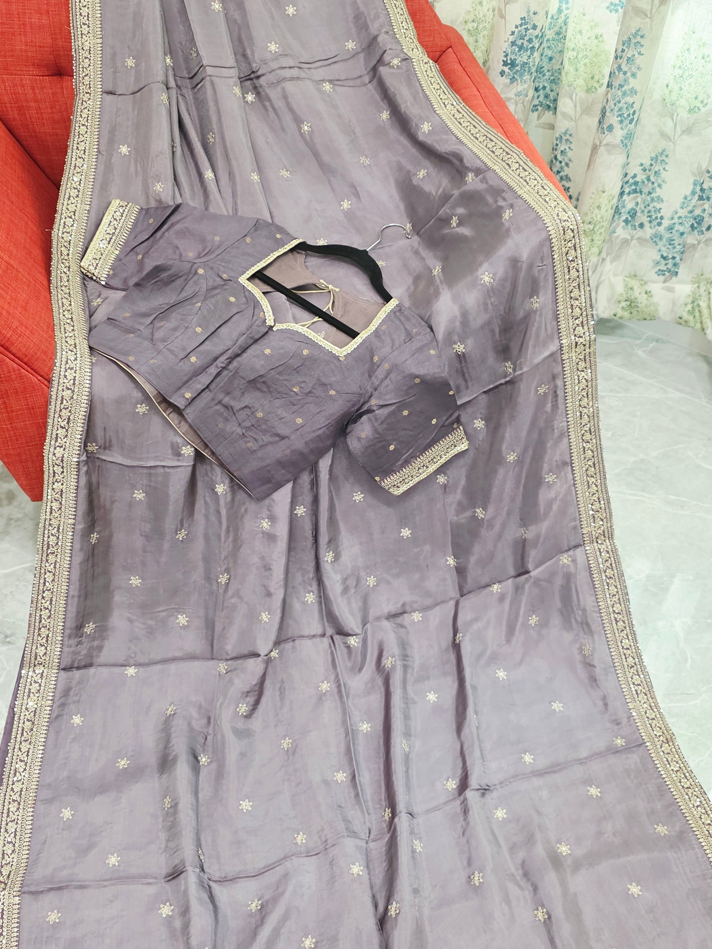 Smoky Taupe Grey Sabyasachi Inspired Viscose Crepe Silk Saree with Designer Blouse