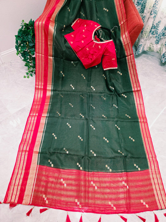 Vintage Royal Bottle Green Russian Dola Crepe Silk Saree with Crimson Elephant Butta Border & Stitched Blouse