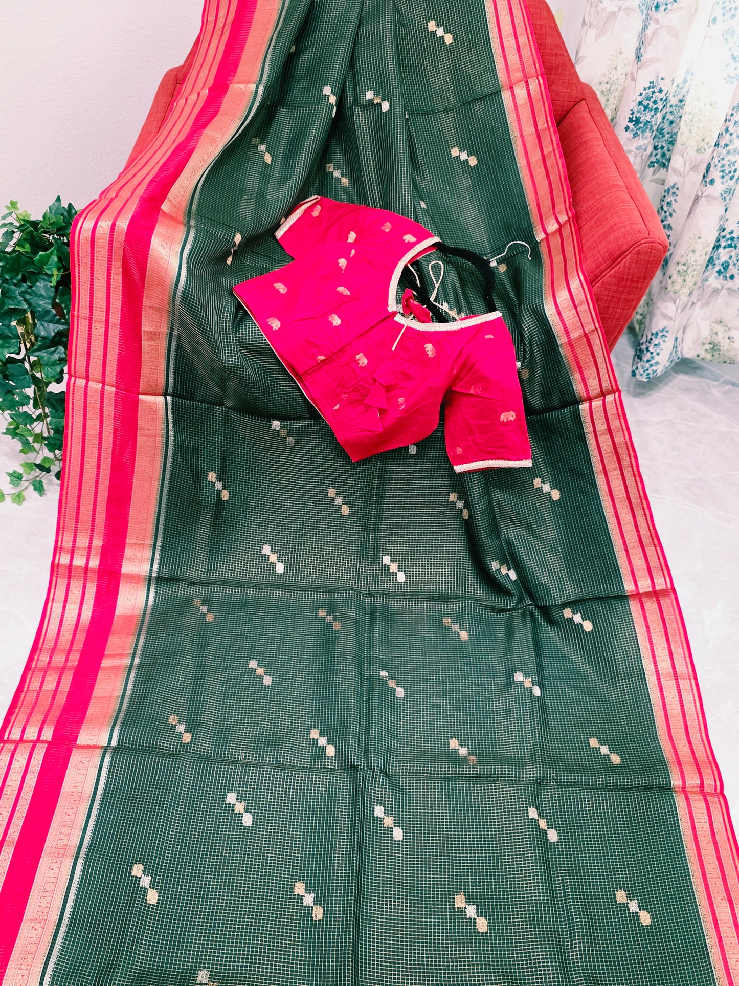 Vintage Royal Bottle Green Russian Dola Crepe Silk Saree with Crimson Elephant Butta Border & Stitched Blouse