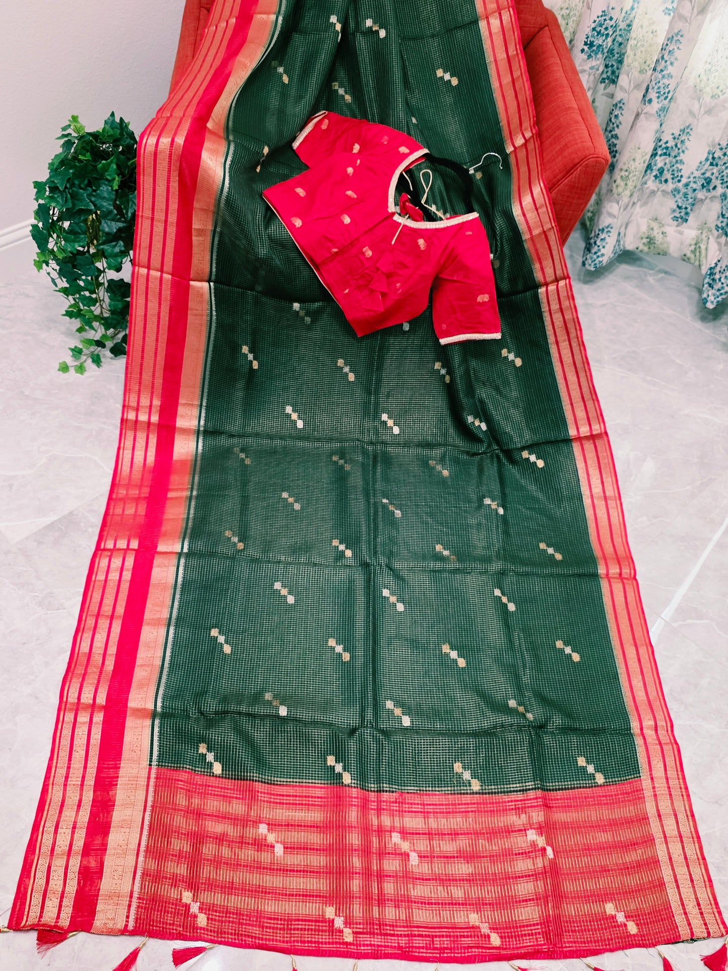 Vintage Royal Bottle Green Russian Dola Crepe Silk Saree with Crimson Elephant Butta Border & Stitched Blouse