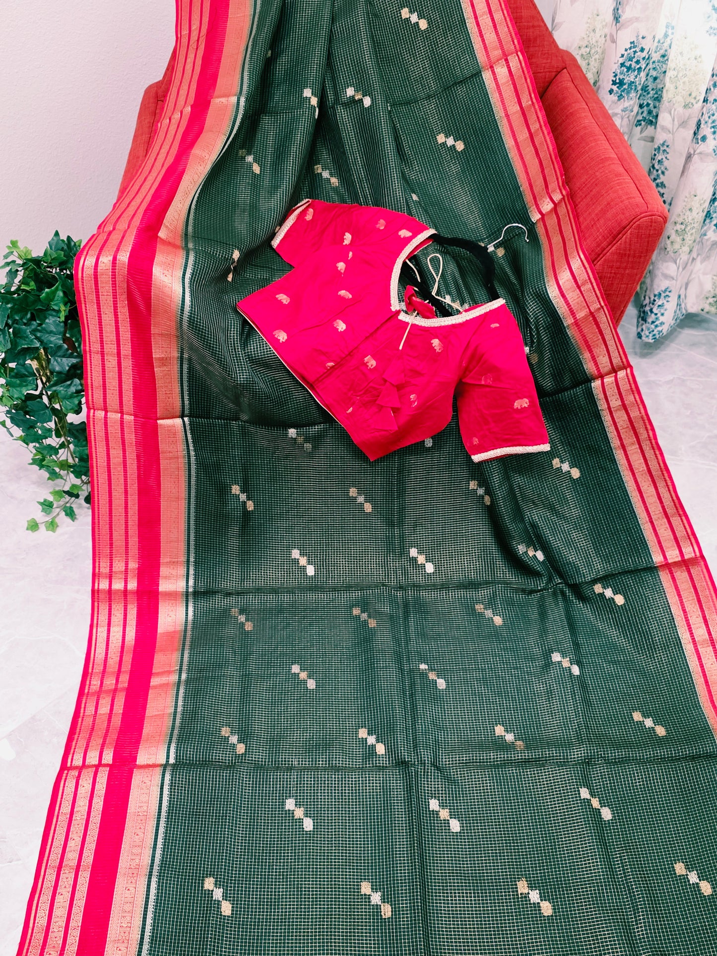 Vintage Royal Bottle Green Russian Dola Crepe Silk Saree with Crimson Elephant Butta Border & Stitched Blouse