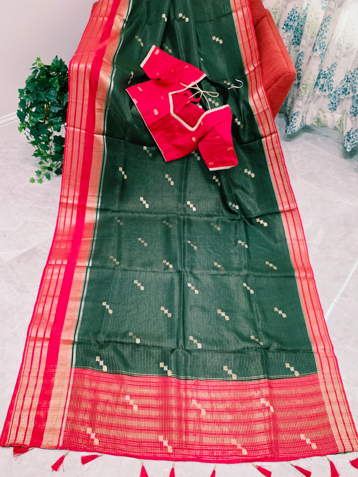 Vintage Royal Bottle Green Russian Dola Crepe Silk Saree with Crimson Elephant Butta Border & Stitched Blouse