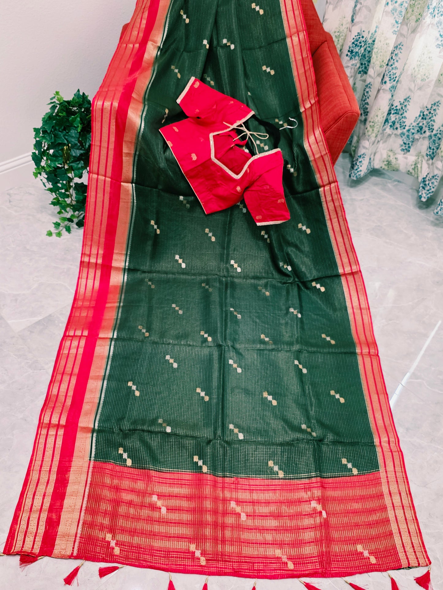 Vintage Royal Bottle Green Russian Dola Crepe Silk Saree with Crimson Elephant Butta Border & Stitched Blouse