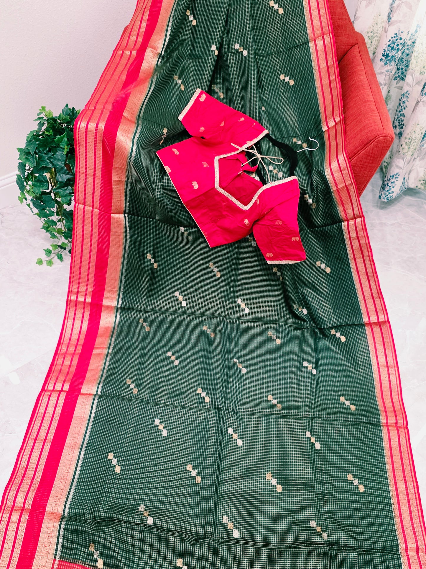 Vintage Royal Bottle Green Russian Dola Crepe Silk Saree with Crimson Elephant Butta Border & Stitched Blouse