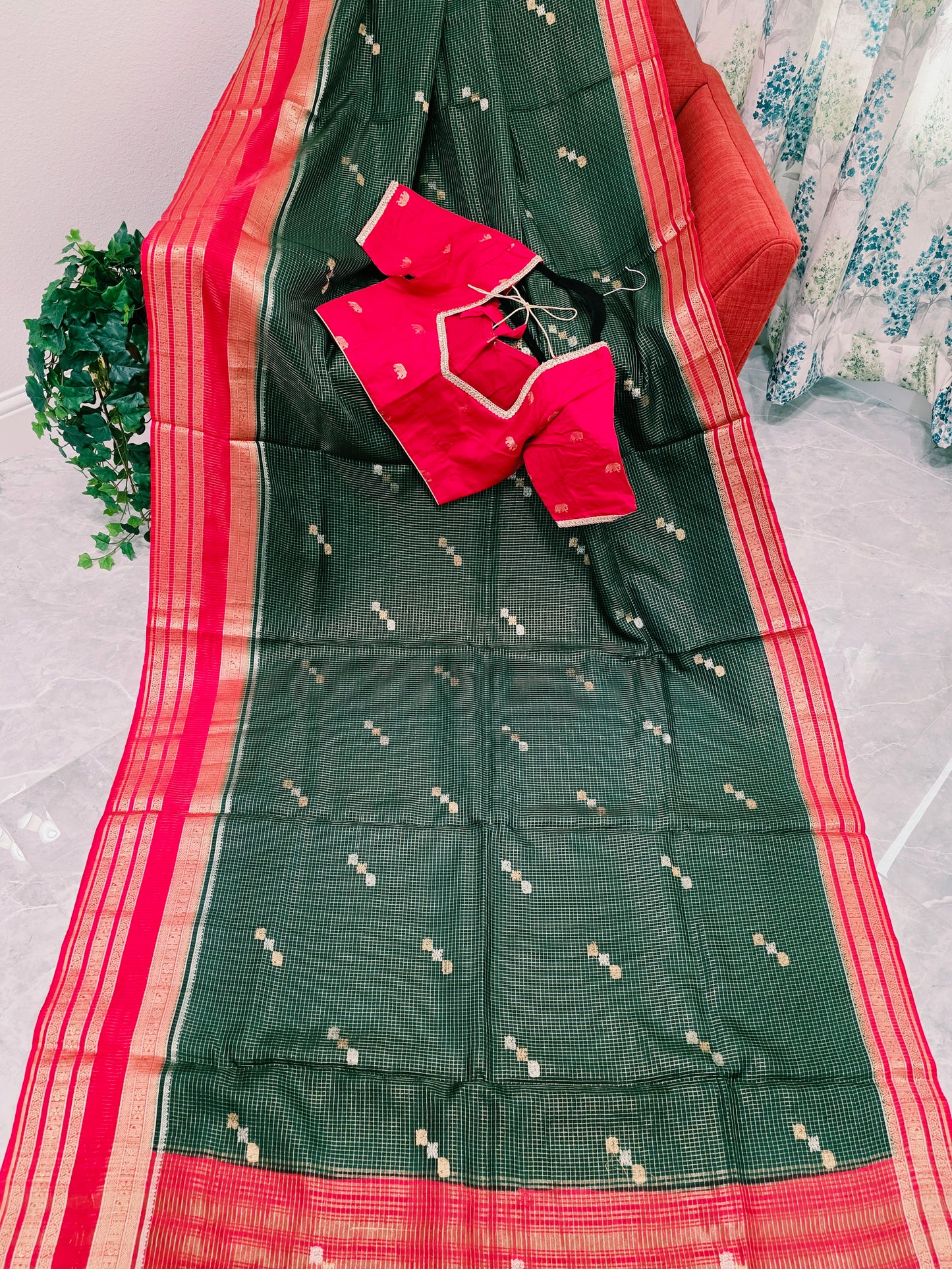 Vintage Royal Bottle Green Russian Dola Crepe Silk Saree with Crimson Elephant Butta Border & Stitched Blouse
