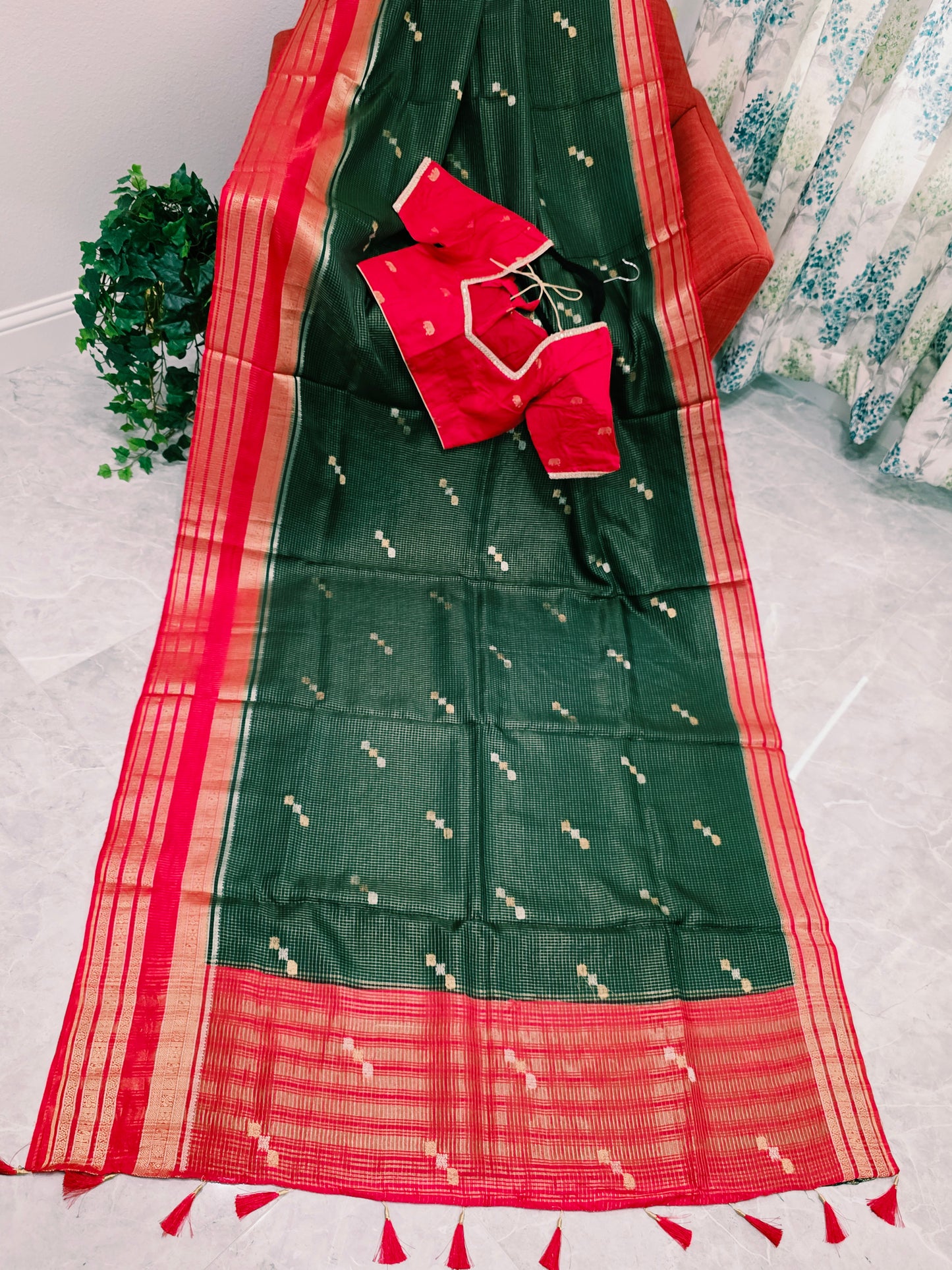 Vintage Royal Bottle Green Russian Dola Crepe Silk Saree with Crimson Elephant Butta Border & Stitched Blouse