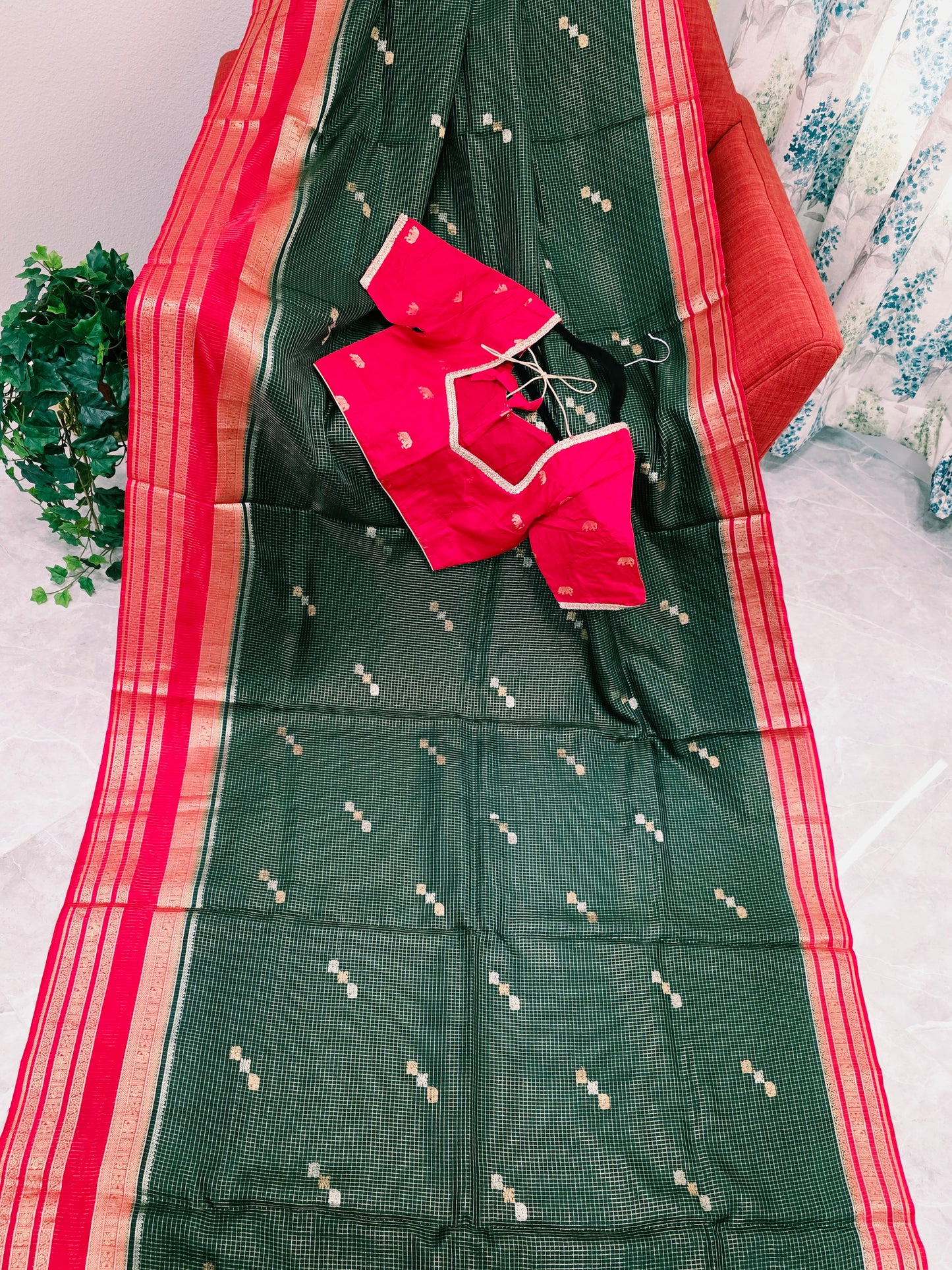 Vintage Royal Bottle Green Russian Dola Crepe Silk Saree with Crimson Elephant Butta Border & Stitched Blouse