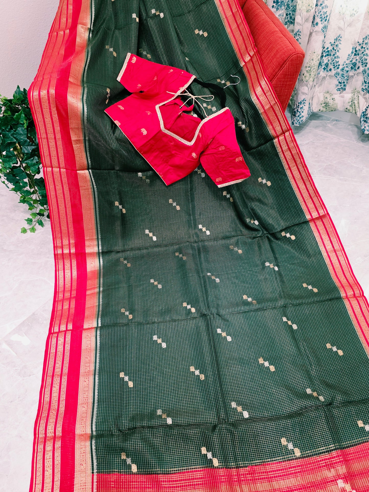 Vintage Royal Bottle Green Russian Dola Crepe Silk Saree with Crimson Elephant Butta Border & Stitched Blouse