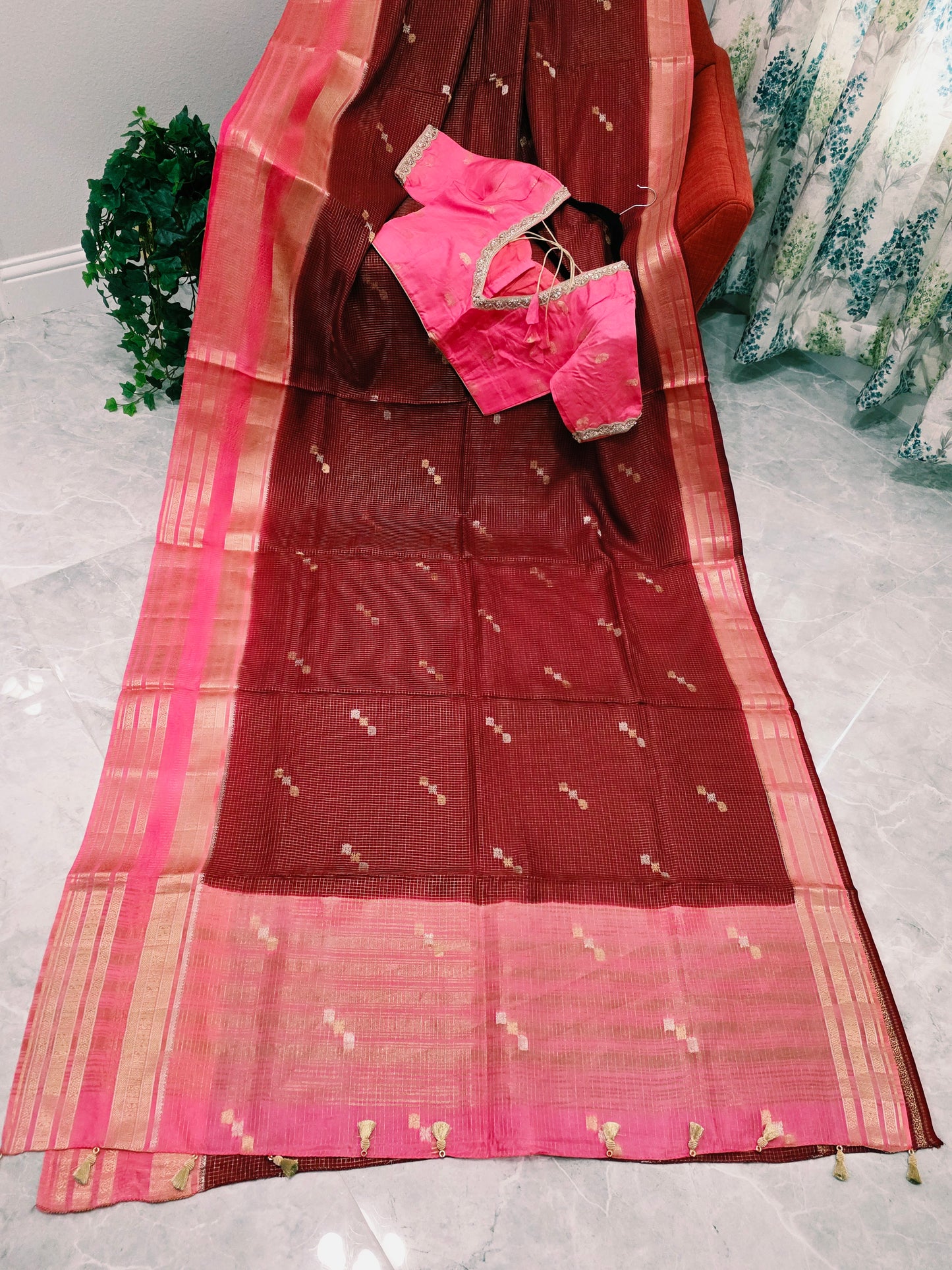 Vintage Wine Maroon Russian Dola Crepe Silk Saree with Blush Pink Zari Border & Elephant Butta Stitched Blouse
