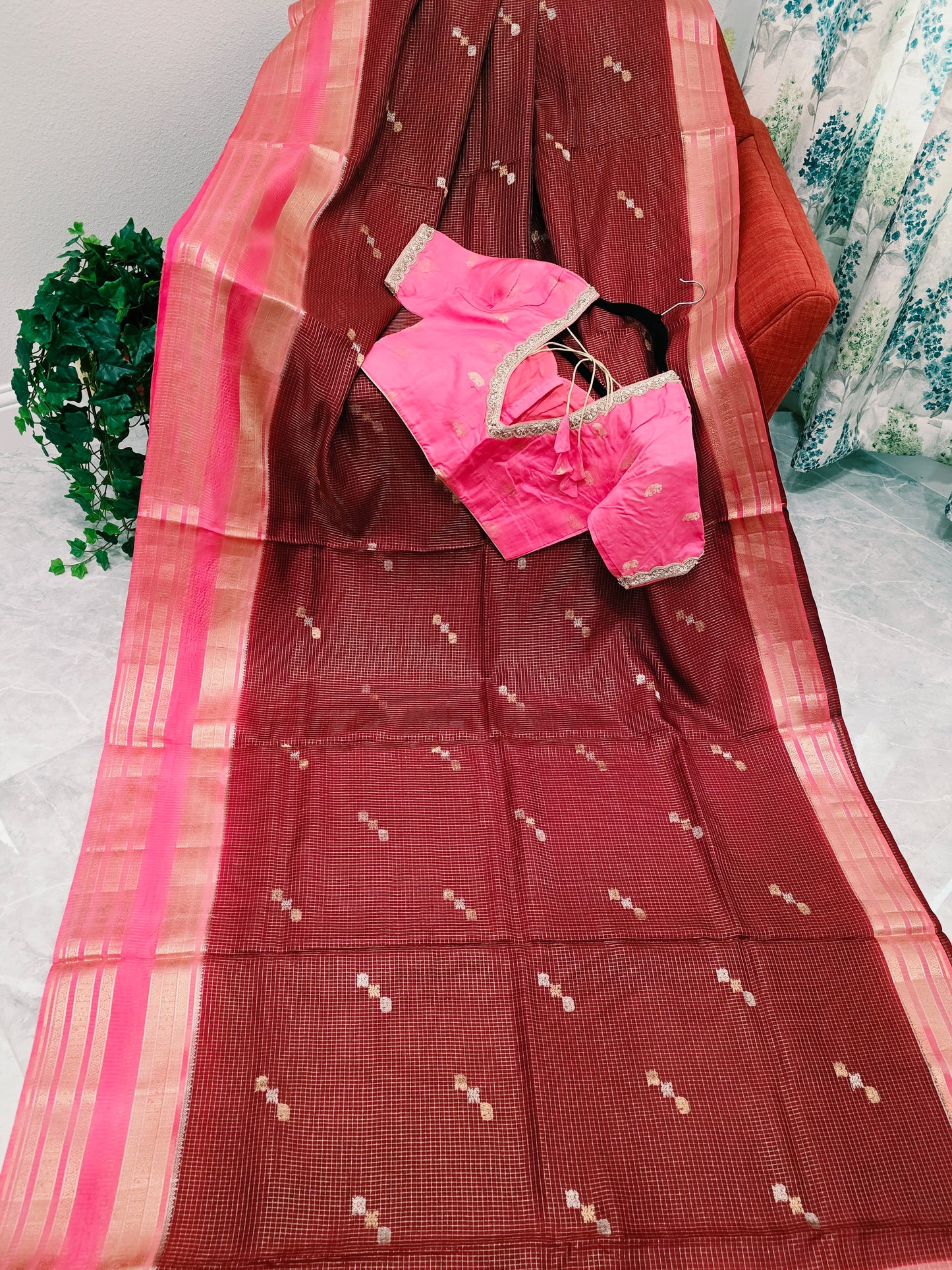 Vintage Wine Maroon Russian Dola Crepe Silk Saree with Blush Pink Zari Border & Elephant Butta Stitched Blouse