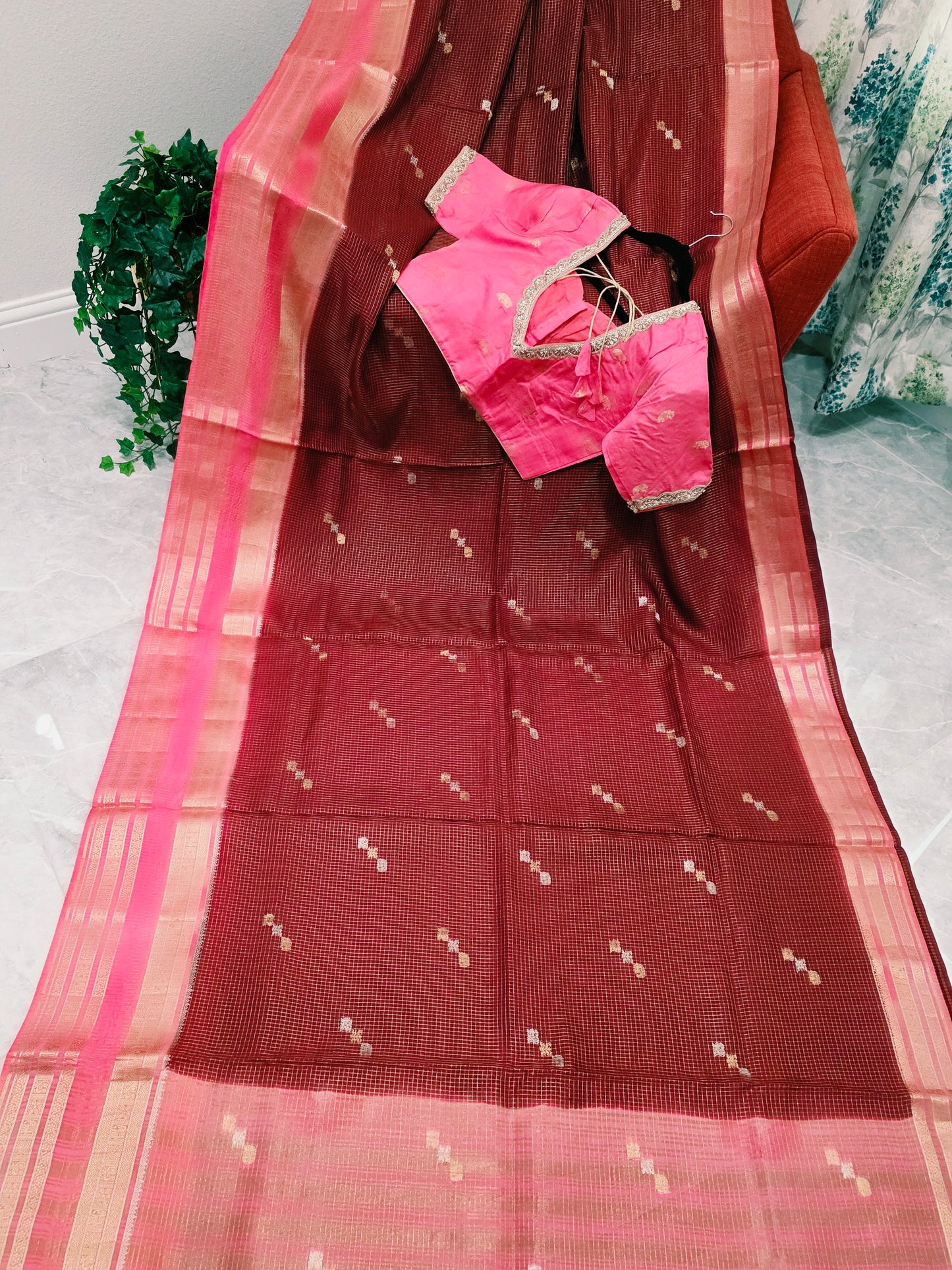 Vintage Wine Maroon Russian Dola Crepe Silk Saree with Blush Pink Zari Border & Elephant Butta Stitched Blouse