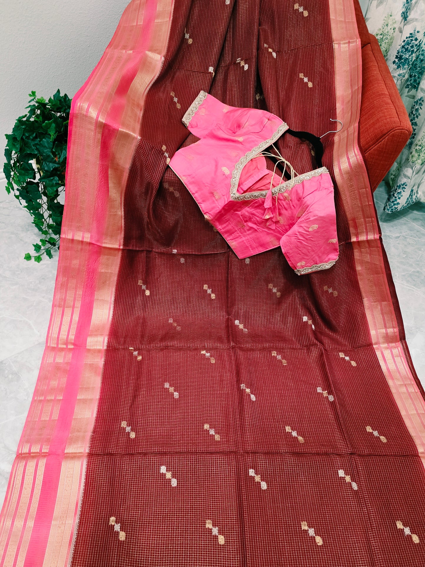 Vintage Wine Maroon Russian Dola Crepe Silk Saree with Blush Pink Zari Border & Elephant Butta Stitched Blouse