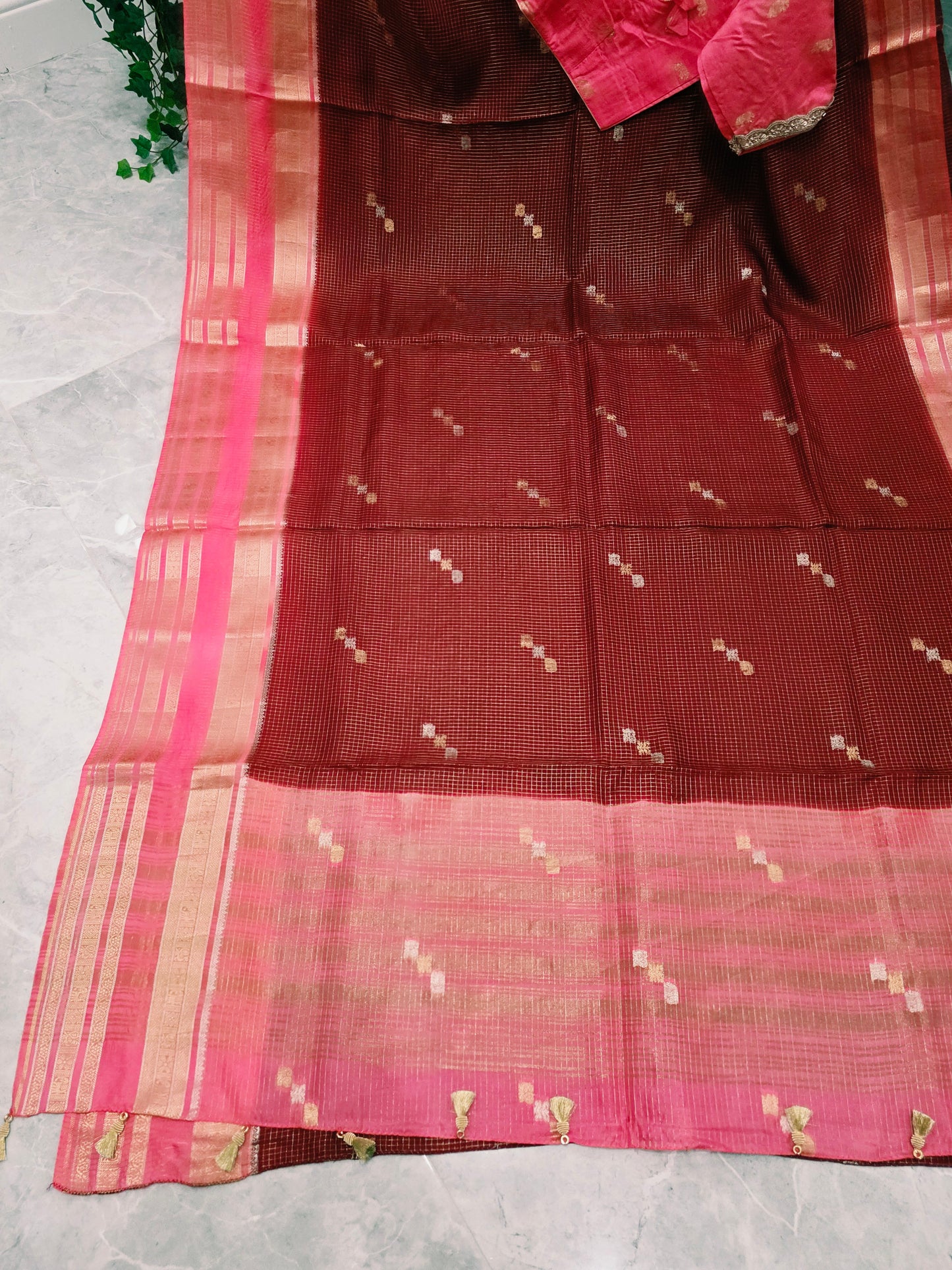 Vintage Wine Maroon Russian Dola Crepe Silk Saree with Blush Pink Zari Border & Elephant Butta Stitched Blouse