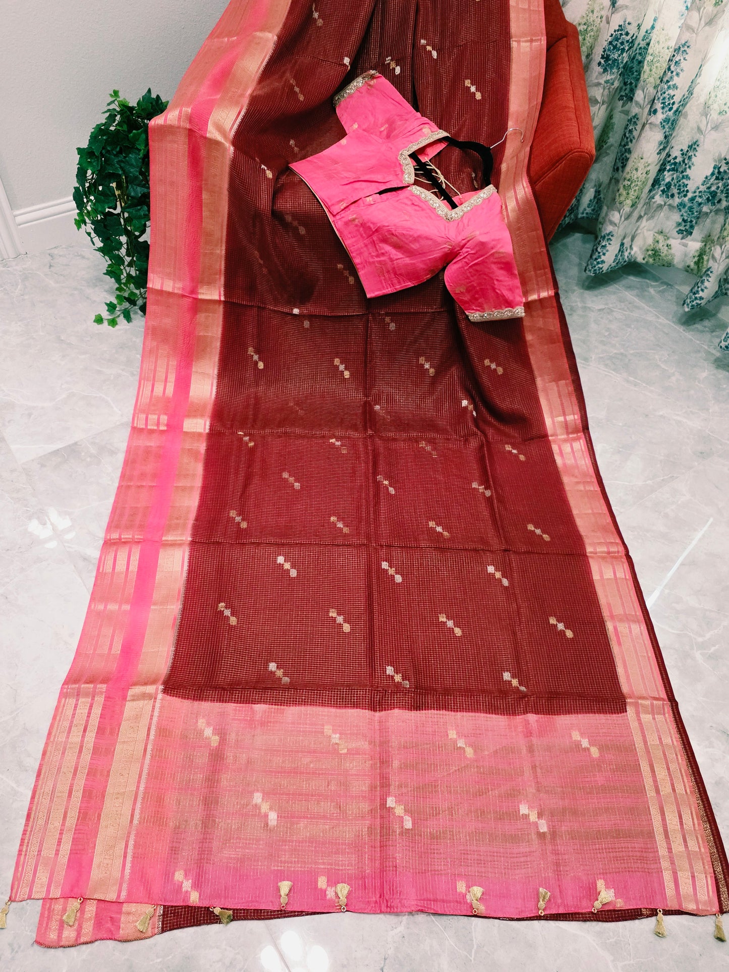 Vintage Wine Maroon Russian Dola Crepe Silk Saree with Blush Pink Zari Border & Elephant Butta Stitched Blouse