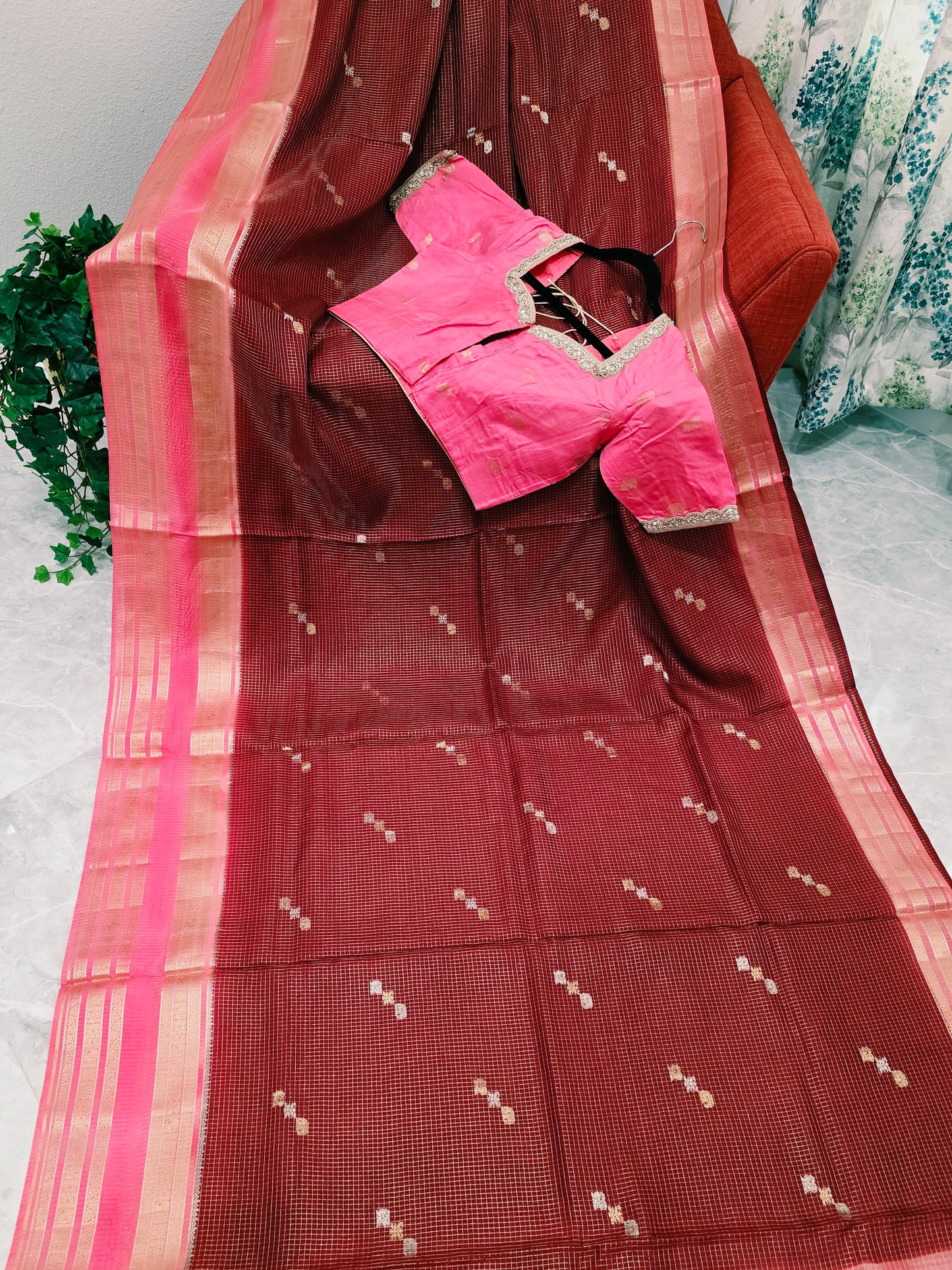 Vintage Wine Maroon Russian Dola Crepe Silk Saree with Blush Pink Zari Border & Elephant Butta Stitched Blouse