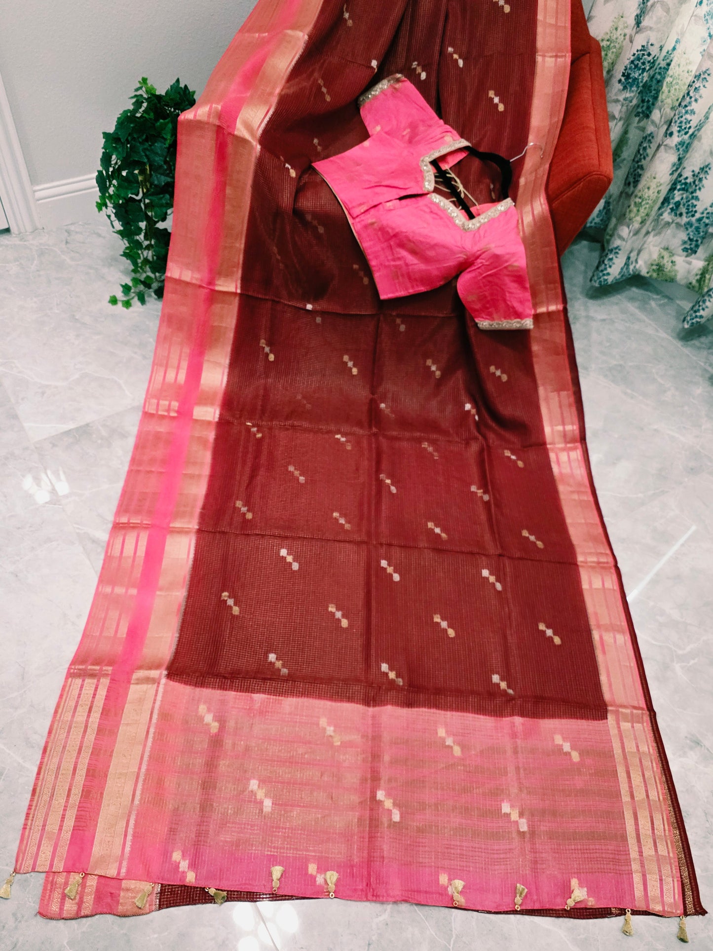 Vintage Wine Maroon Russian Dola Crepe Silk Saree with Blush Pink Zari Border & Elephant Butta Stitched Blouse