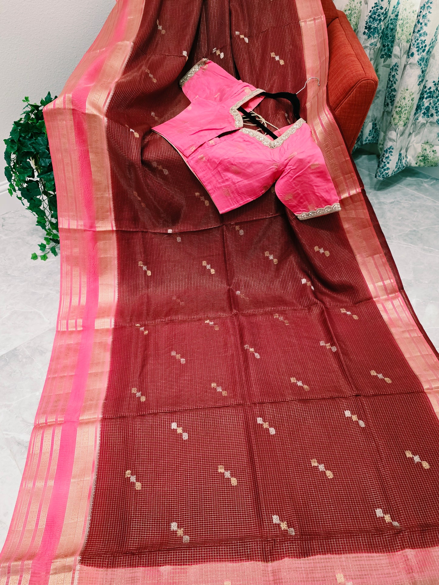 Vintage Wine Maroon Russian Dola Crepe Silk Saree with Blush Pink Zari Border & Elephant Butta Stitched Blouse