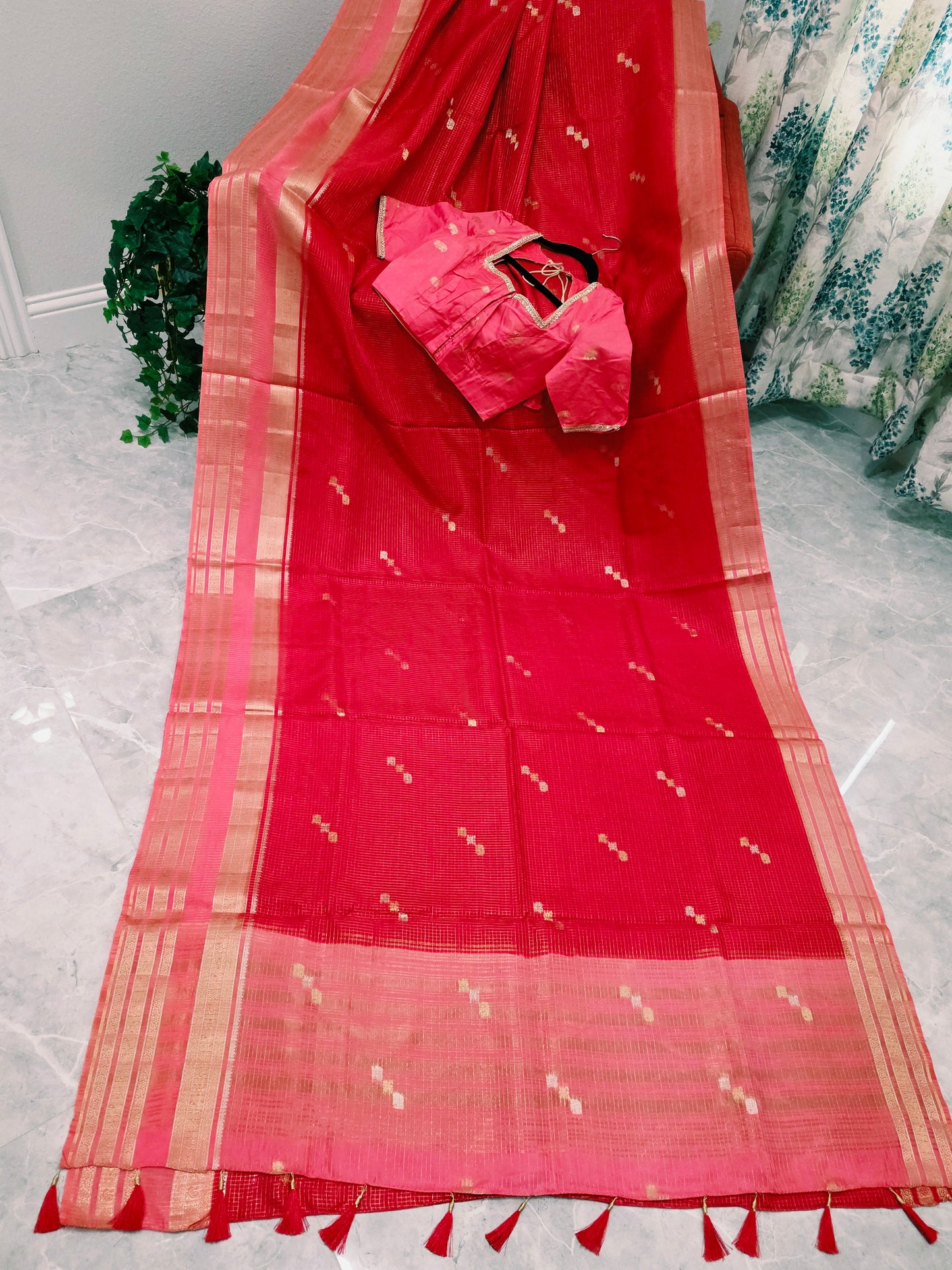Radiant Ruby Red Russian Dola Crepe Silk Saree with Blush Pink Zari Border & Elephant Butta Stitched Blouse