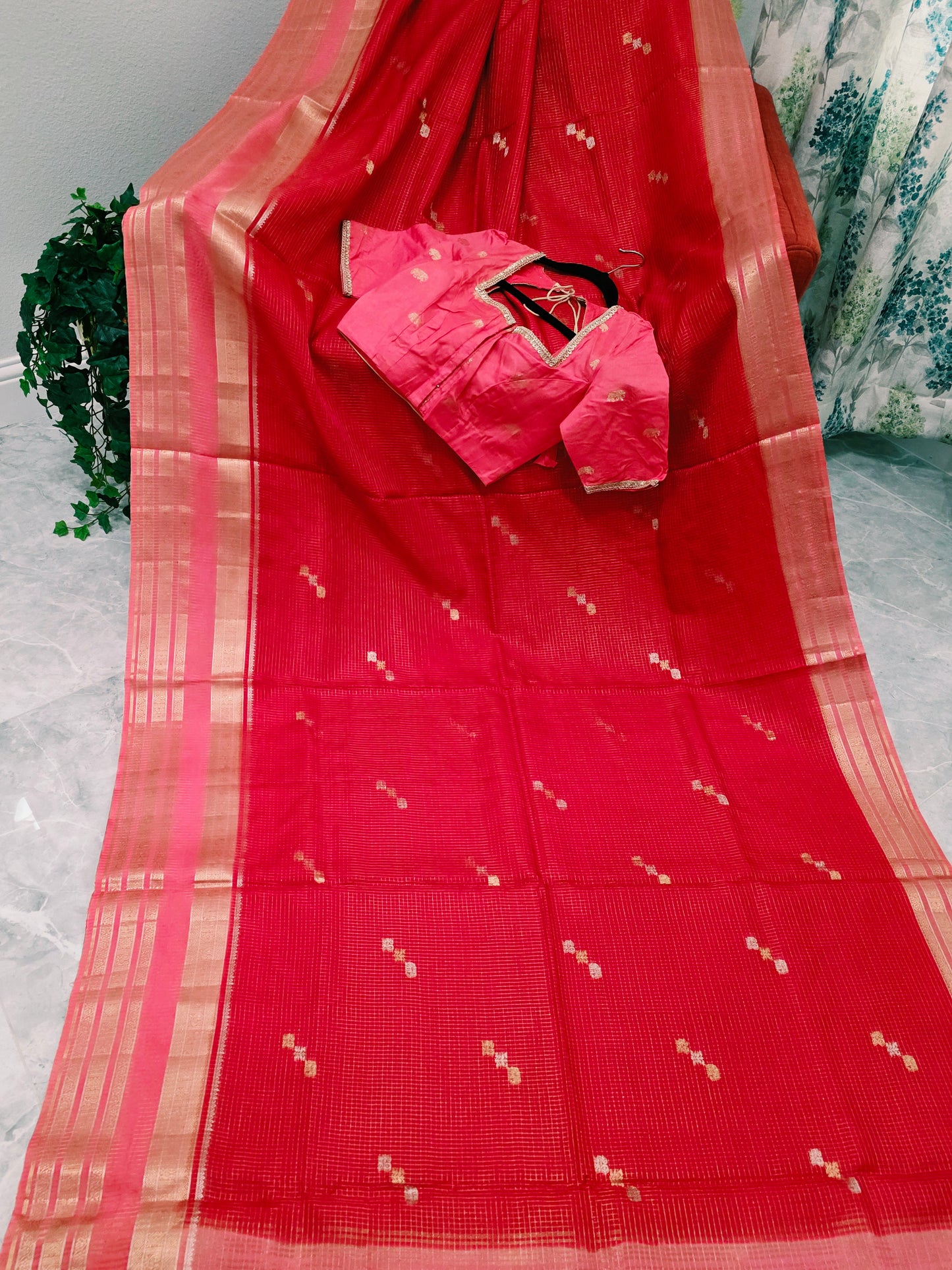 Radiant Ruby Red Russian Dola Crepe Silk Saree with Blush Pink Zari Border & Elephant Butta Stitched Blouse