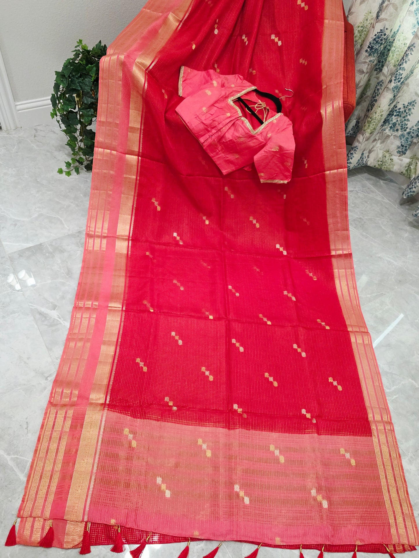 Radiant Ruby Red Russian Dola Crepe Silk Saree with Blush Pink Zari Border & Elephant Butta Stitched Blouse