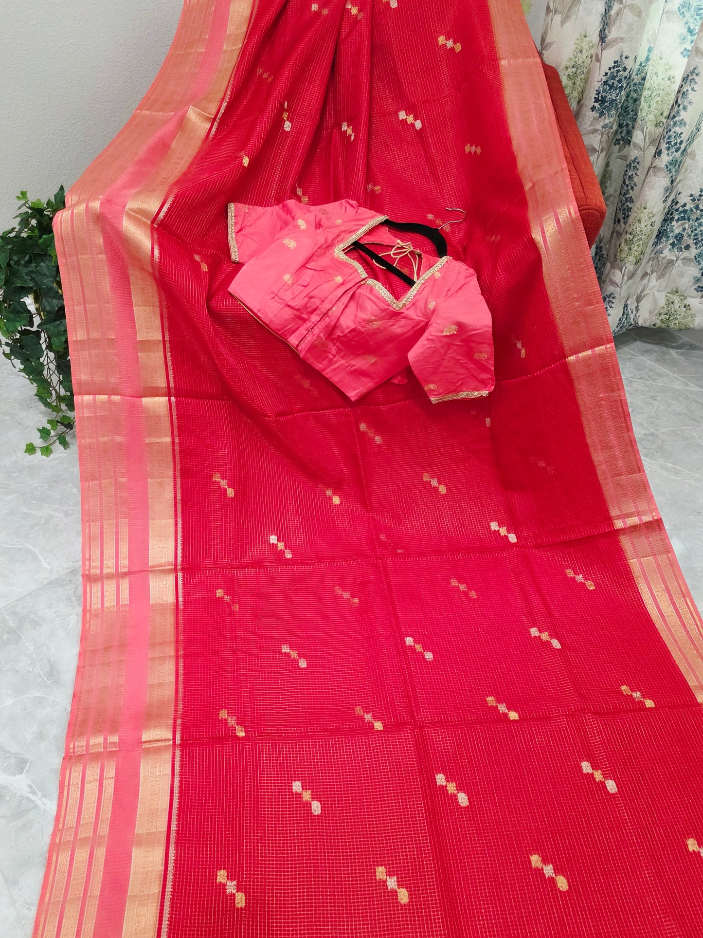 Radiant Ruby Red Russian Dola Crepe Silk Saree with Blush Pink Zari Border & Elephant Butta Stitched Blouse