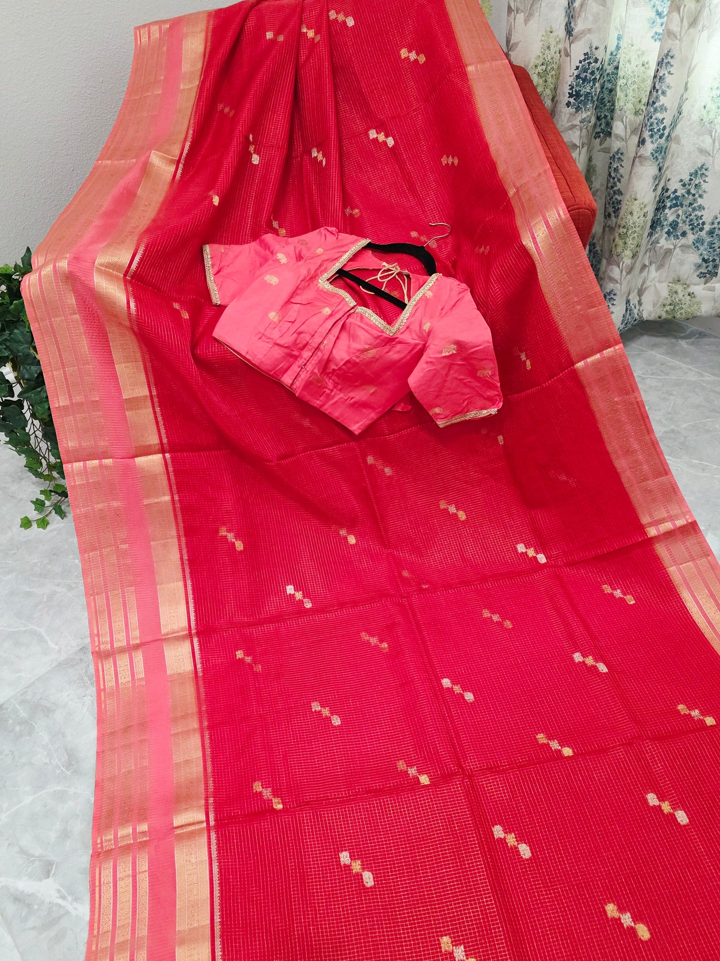 Radiant Ruby Red Russian Dola Crepe Silk Saree with Blush Pink Zari Border & Elephant Butta Stitched Blouse