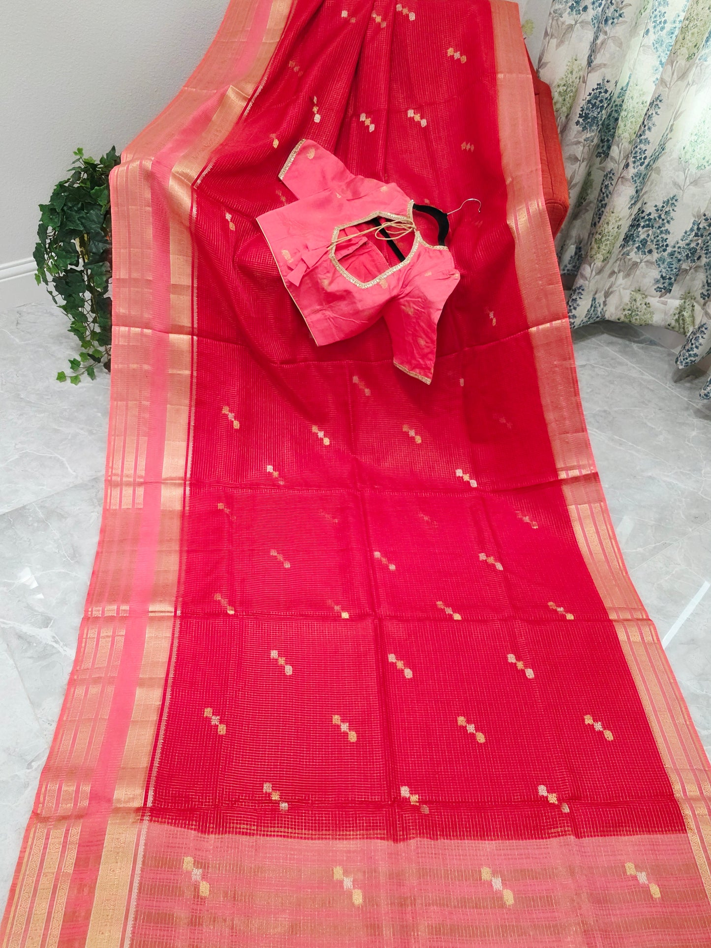 Radiant Ruby Red Russian Dola Crepe Silk Saree with Blush Pink Zari Border & Elephant Butta Stitched Blouse