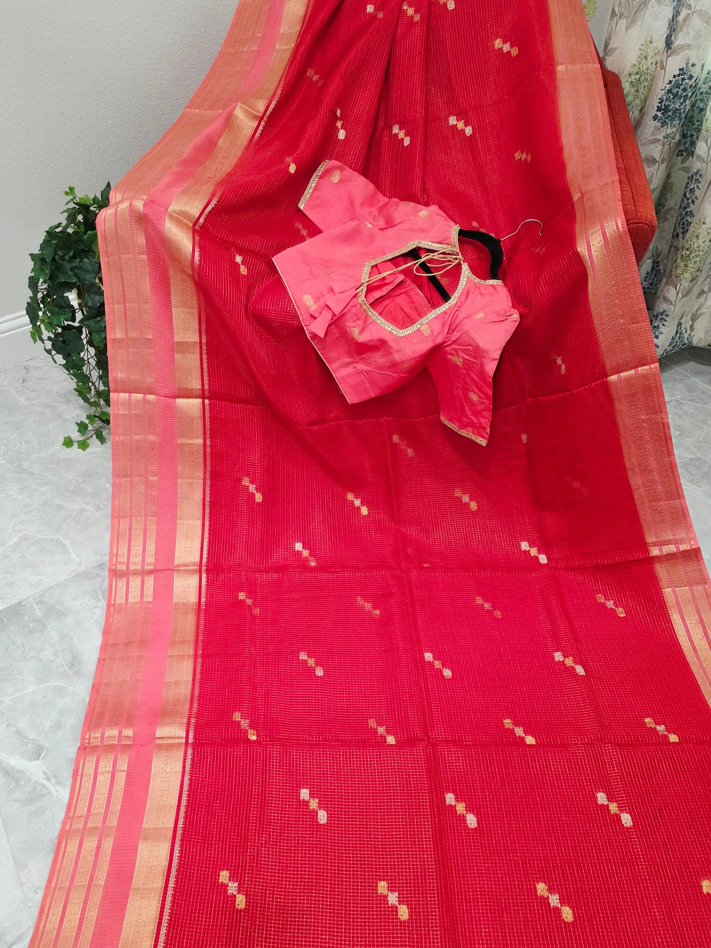 Radiant Ruby Red Russian Dola Crepe Silk Saree with Blush Pink Zari Border & Elephant Butta Stitched Blouse