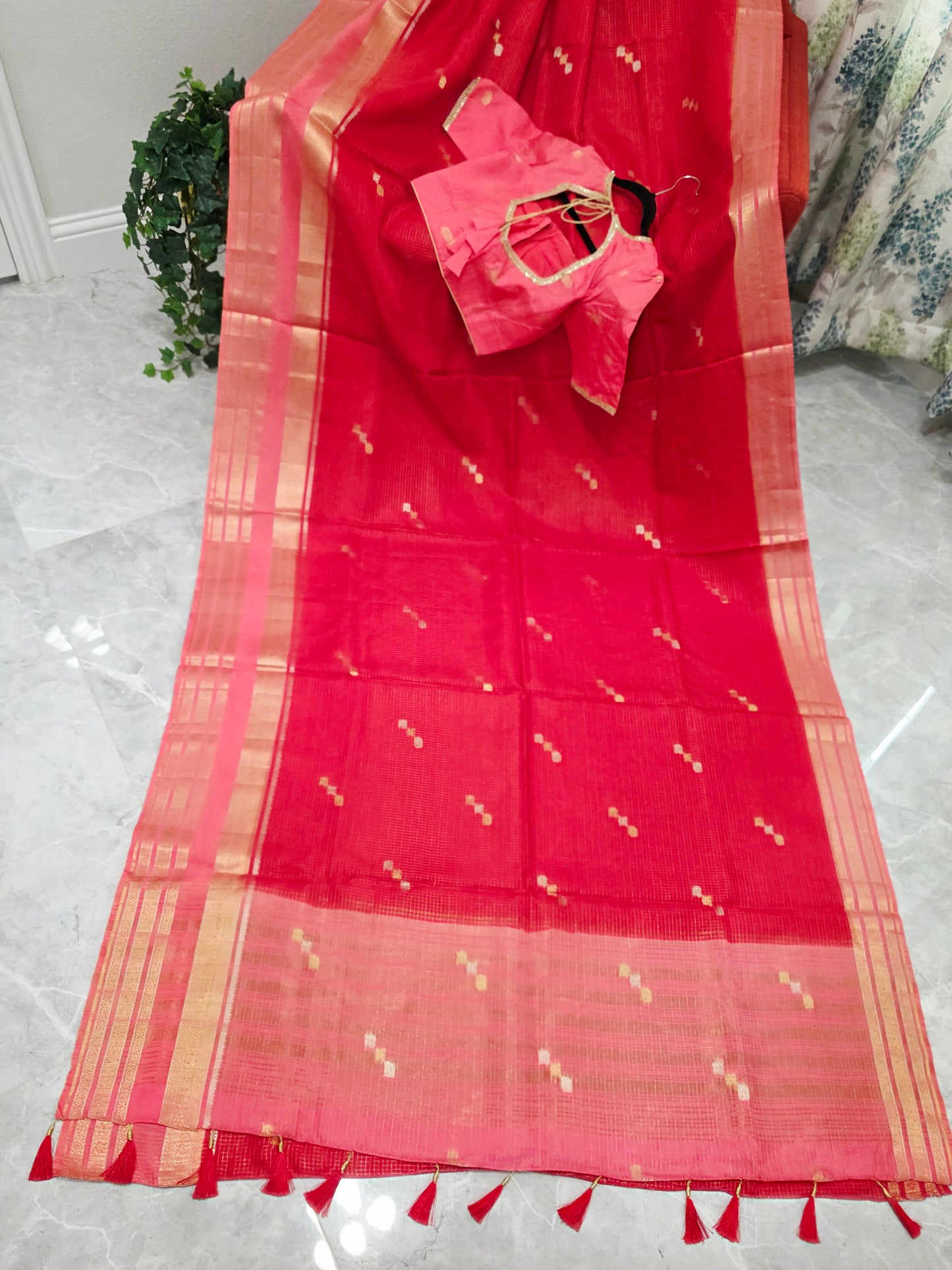 Radiant Ruby Red Russian Dola Crepe Silk Saree with Blush Pink Zari Border & Elephant Butta Stitched Blouse