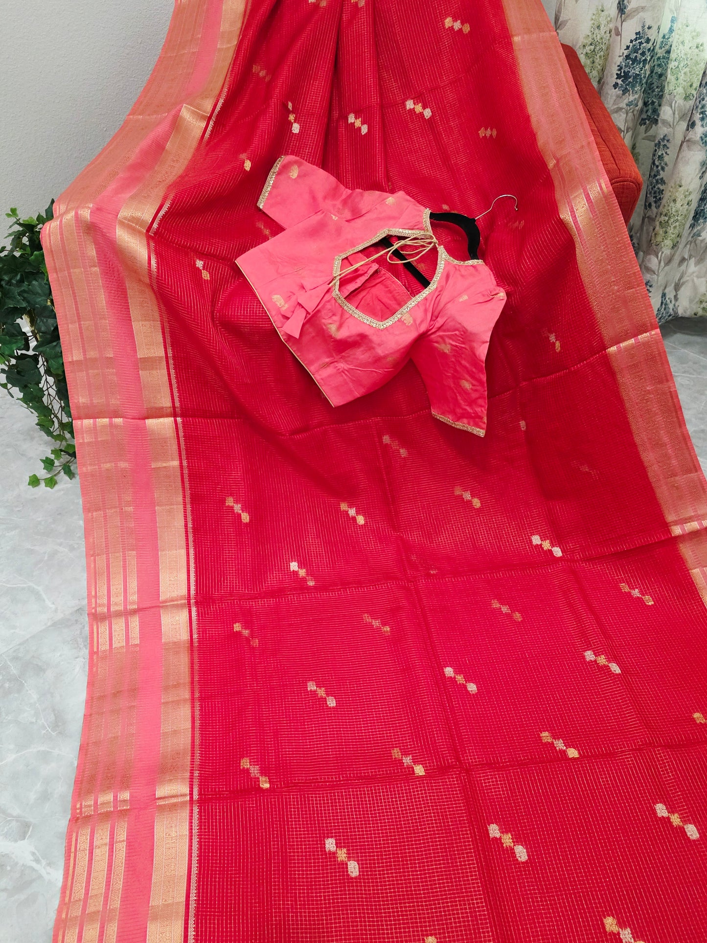 Radiant Ruby Red Russian Dola Crepe Silk Saree with Blush Pink Zari Border & Elephant Butta Stitched Blouse