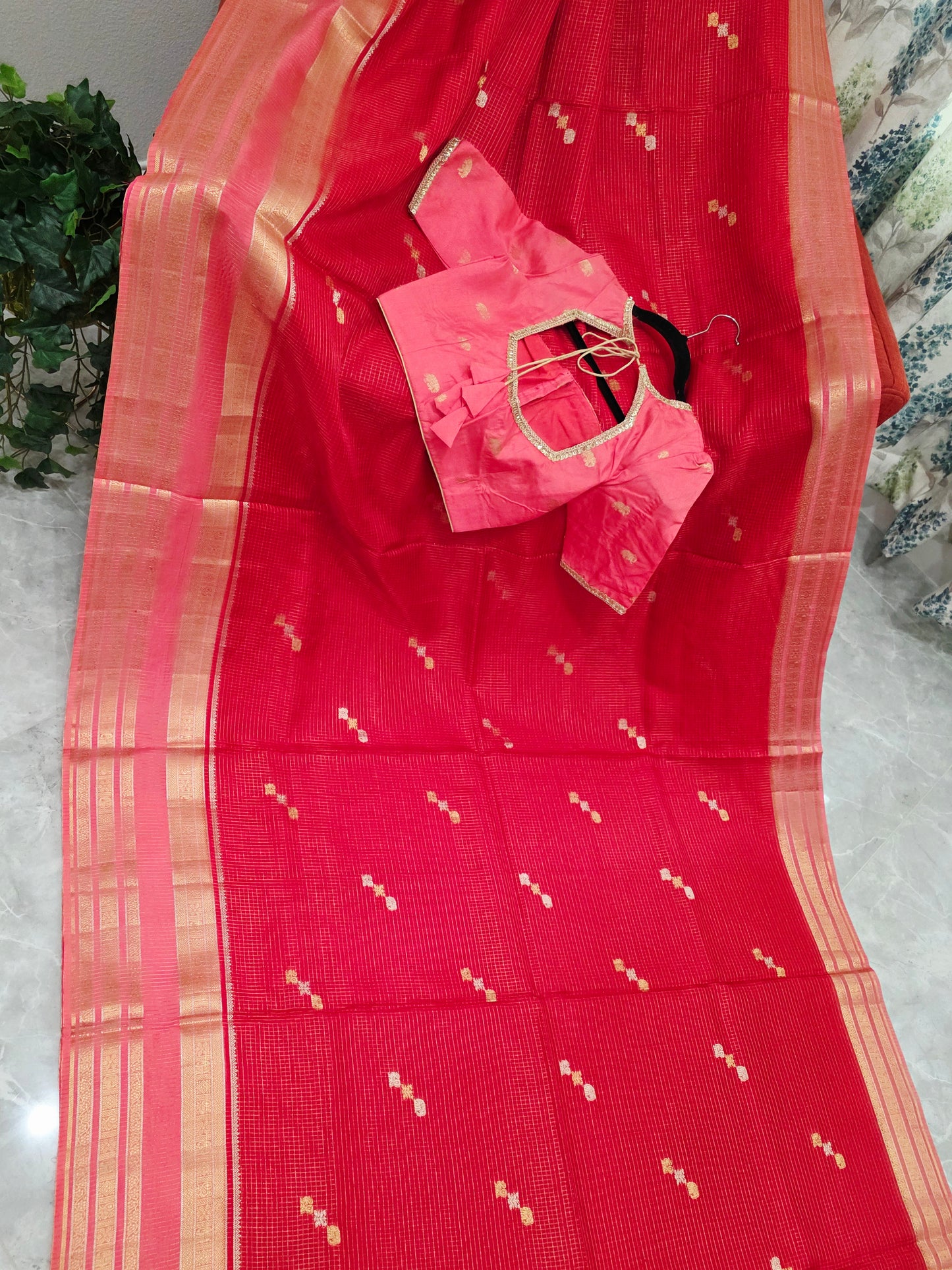 Radiant Ruby Red Russian Dola Crepe Silk Saree with Blush Pink Zari Border & Elephant Butta Stitched Blouse