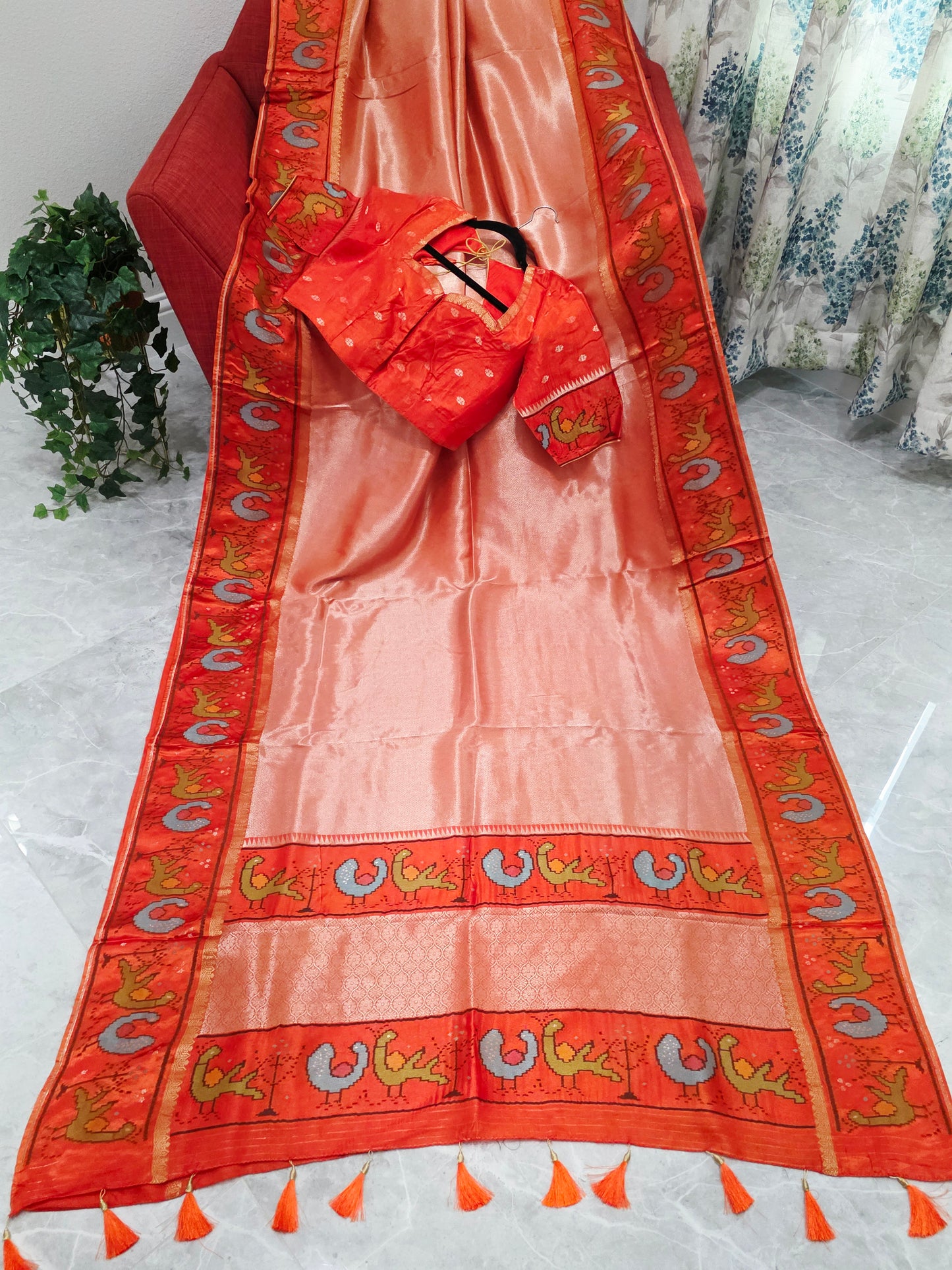 Orange Tissue Brocade Silk Saree with Stitched Blouse