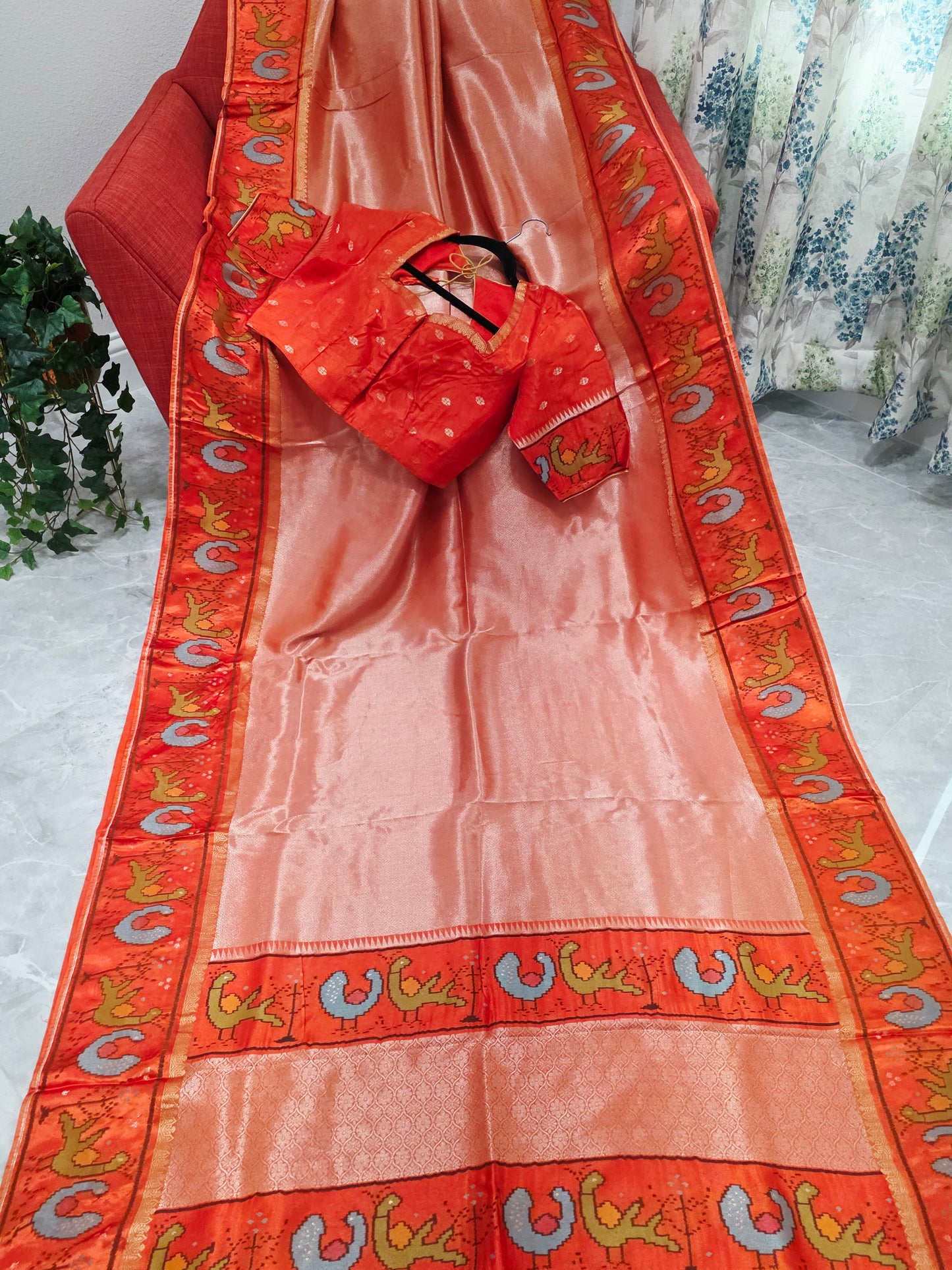 Orange Tissue Brocade Silk Saree with Stitched Blouse
