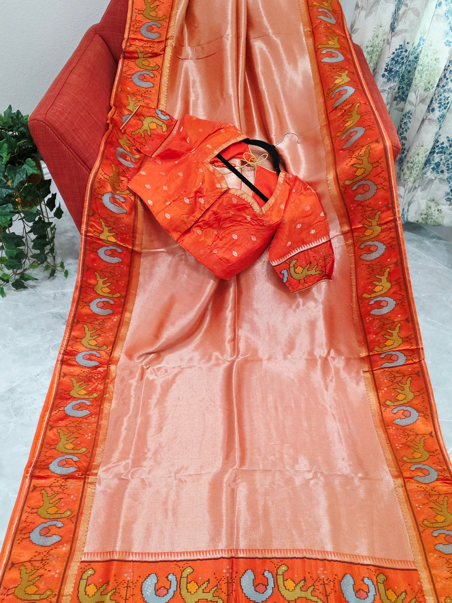 Orange Tissue Brocade Silk Saree with Stitched Blouse
