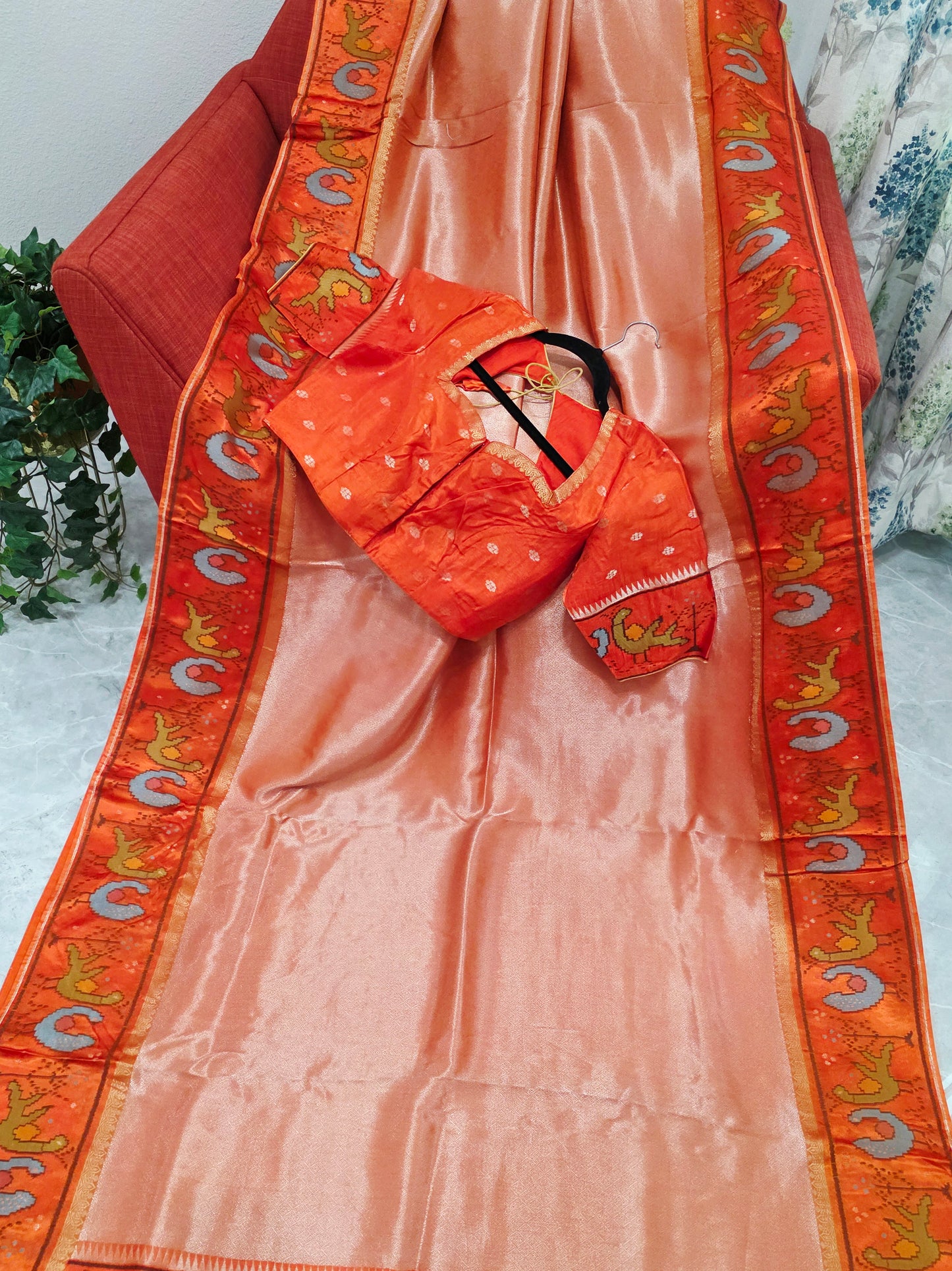 Orange Tissue Brocade Silk Saree with Stitched Blouse