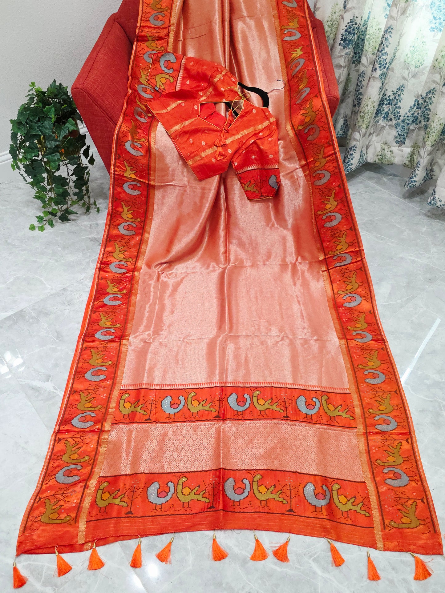 Orange Tissue Brocade Silk Saree with Stitched Blouse