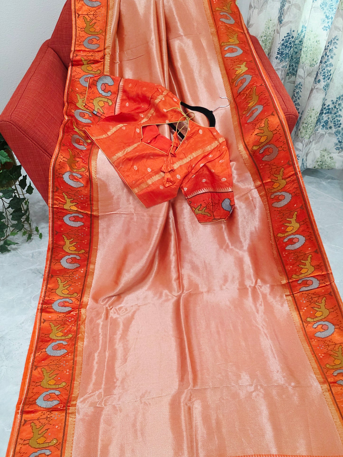 Orange Tissue Brocade Silk Saree with Stitched Blouse