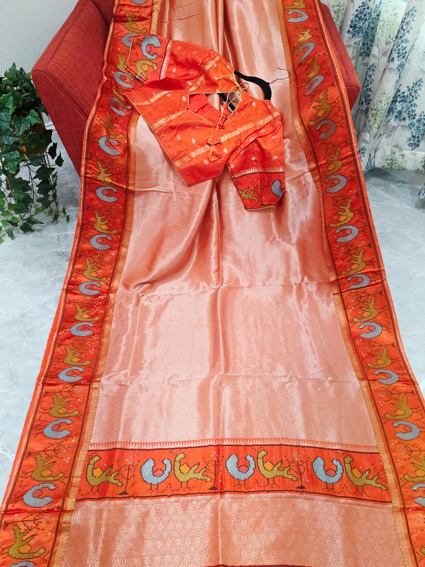 Orange Tissue Brocade Silk Saree with Stitched Blouse