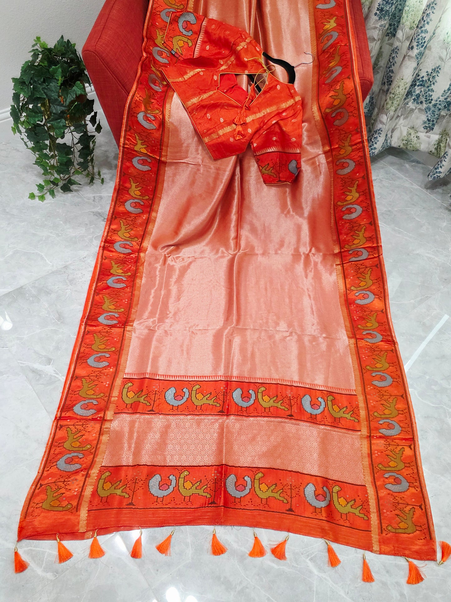 Orange Tissue Brocade Silk Saree with Stitched Blouse