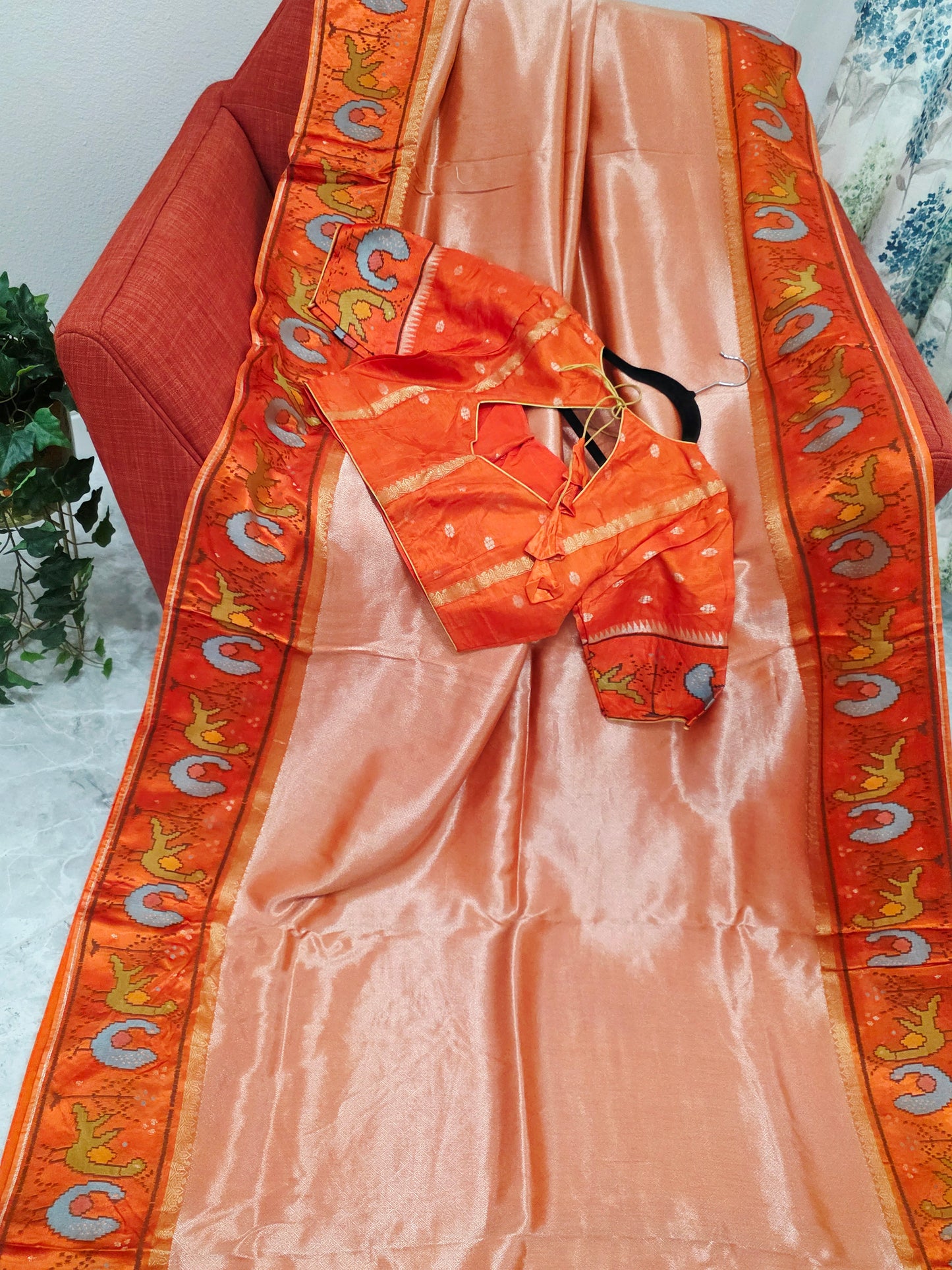 Orange Tissue Brocade Silk Saree with Stitched Blouse