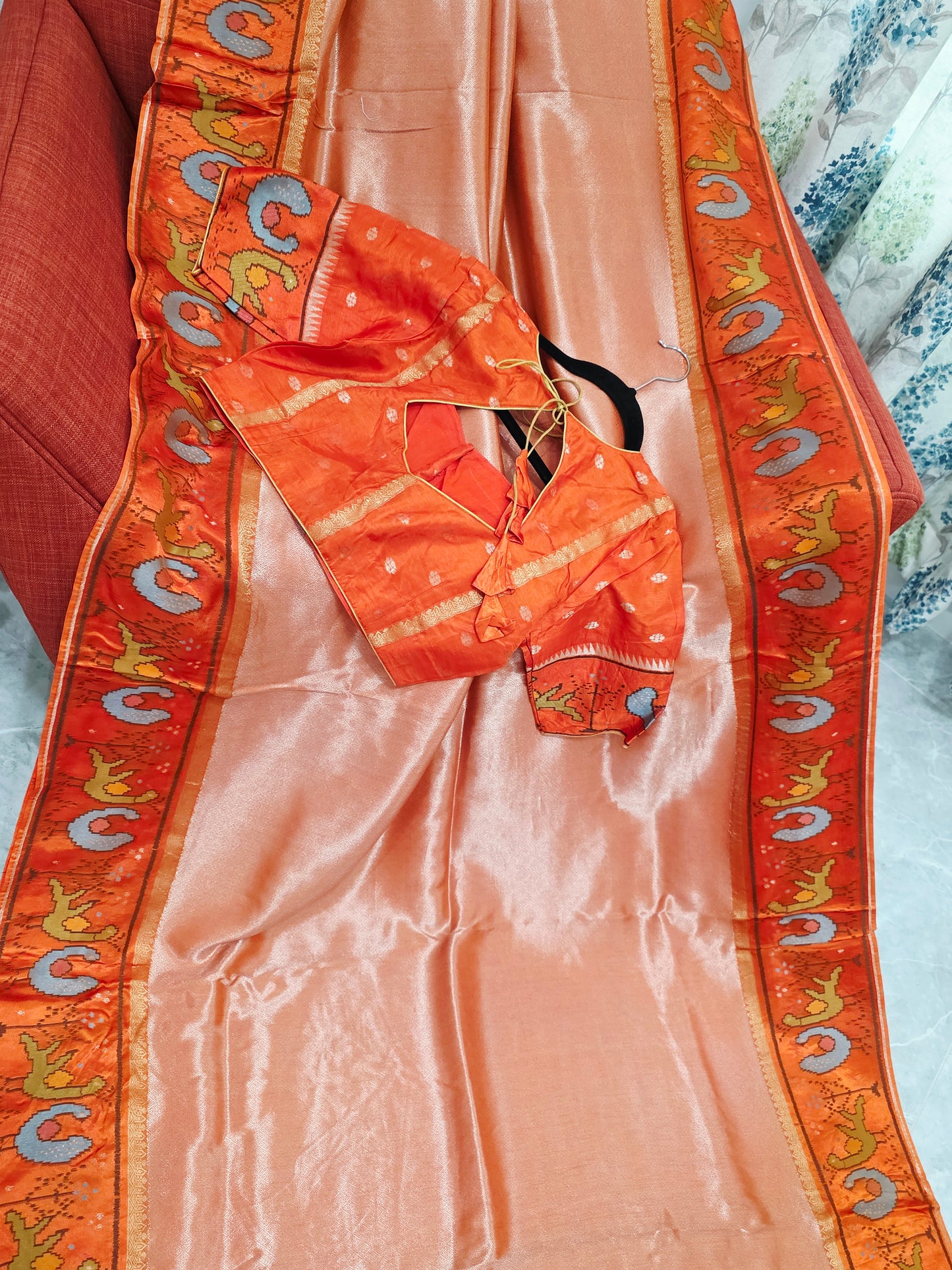Orange Tissue Brocade Silk Saree with Stitched Blouse
