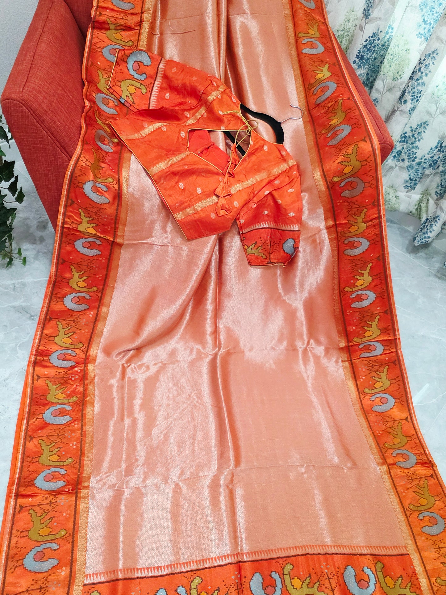 Orange Tissue Brocade Silk Saree with Stitched Blouse